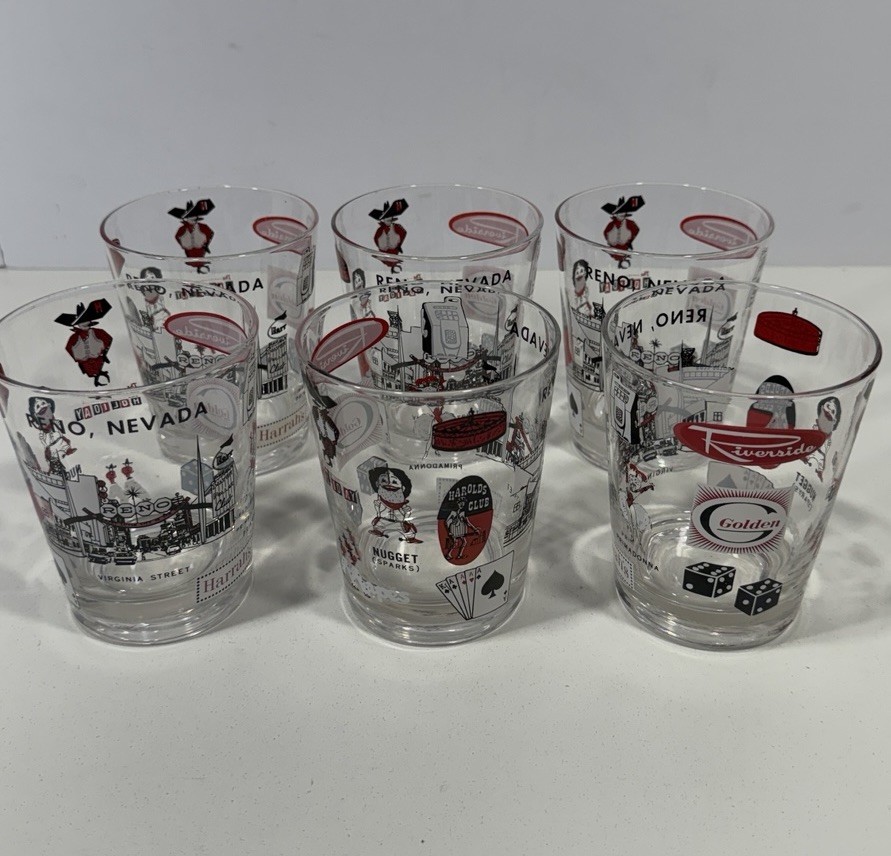 Vintage Reno Nevada Harrah’s Casino Theme Drink Glass 6 Lot Glasses