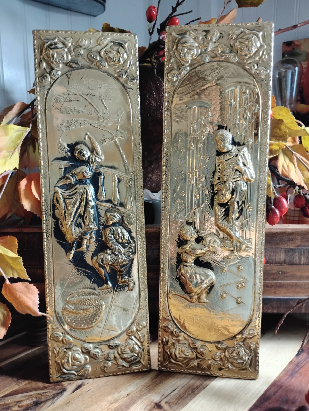 Gorgeous Set Pair Vintage Brass Mid Century Wall Art Plaques Romantic 3D Relief