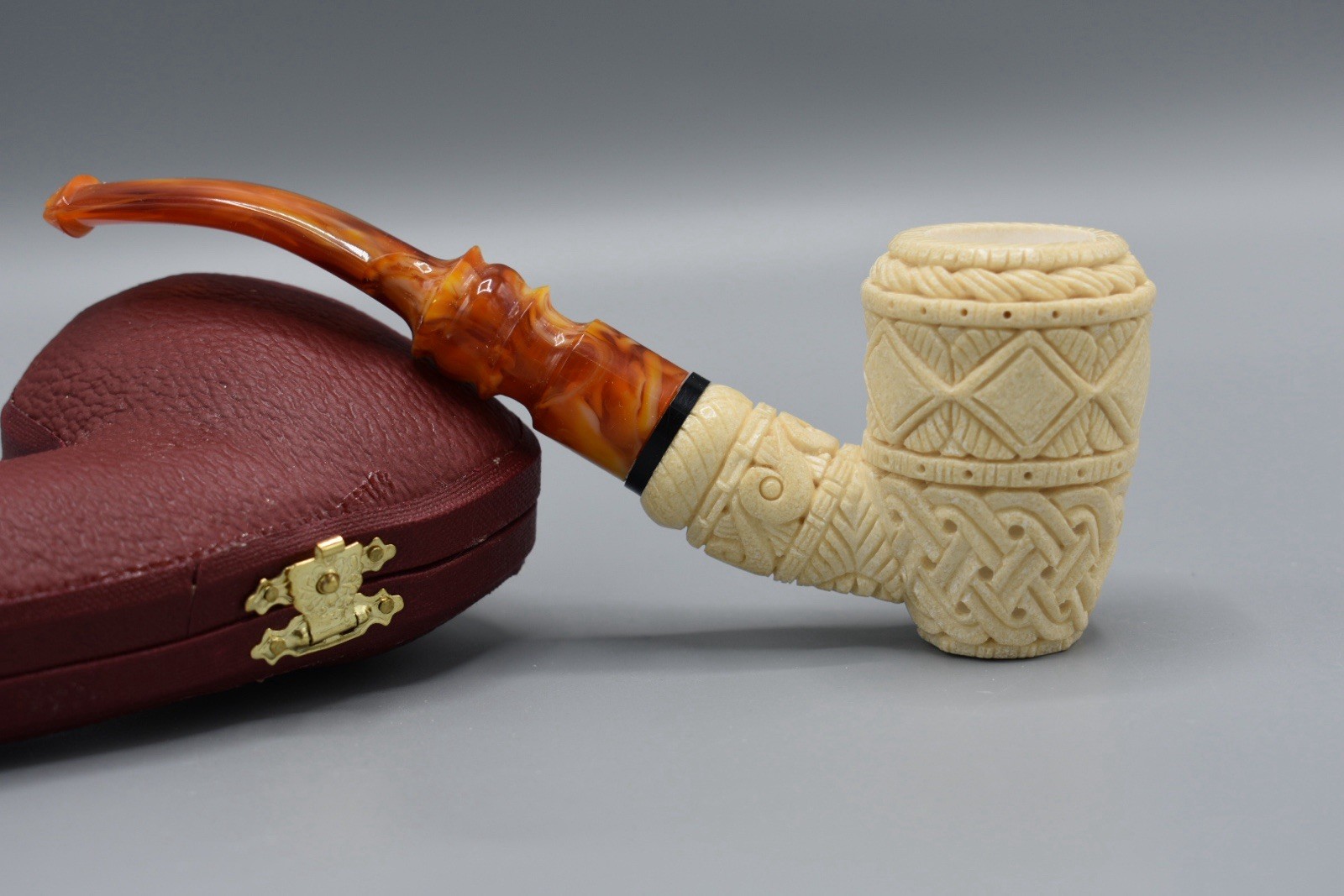 Ornate Cherrywood  Pipe  BLOCK MEERSCHAUM-NEW-HAND CARVED Case #760