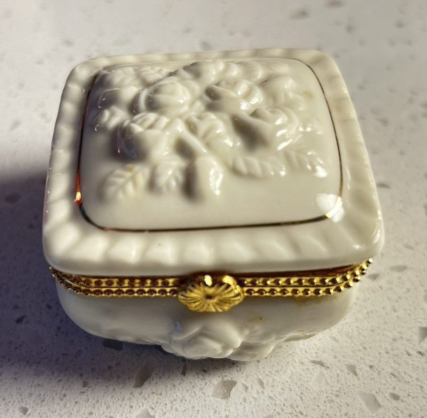 White Floral Hinged Trinket Box w/ Gold Trim, Embossed Decorative Box