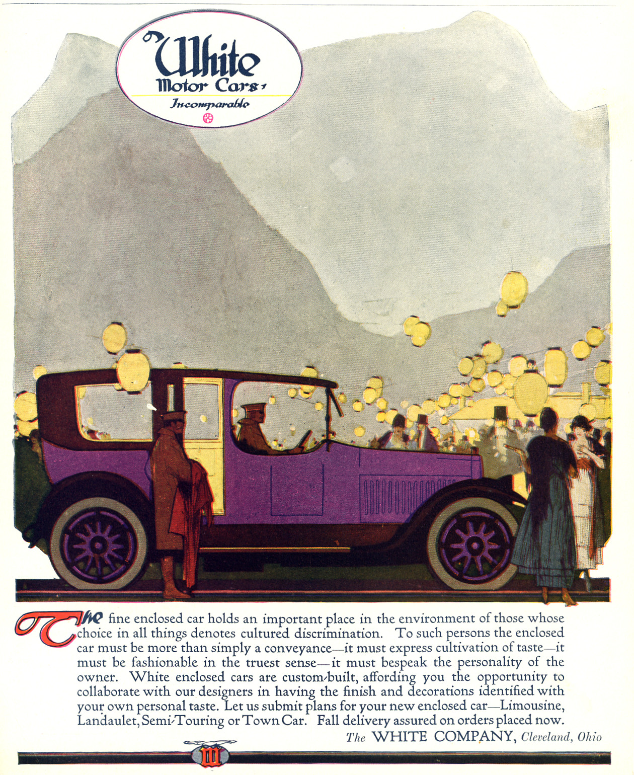 1915 Original White Cars Ad. Custom Built Limousine. Incomparable. Cleveland OH