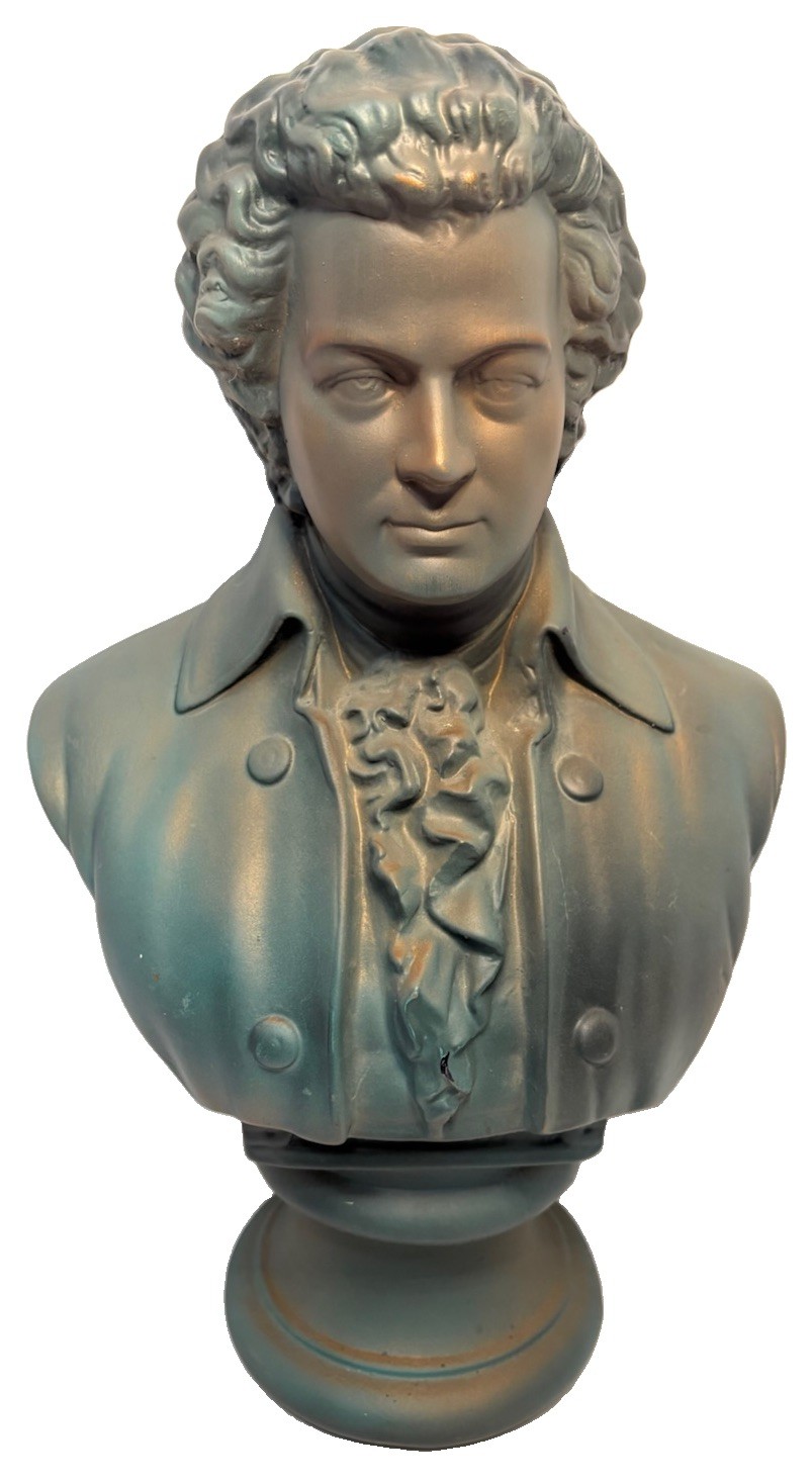 Vintage Mozart Bust Statue 16” Tall ~Classical Composer Sculptor Verdigris Decor