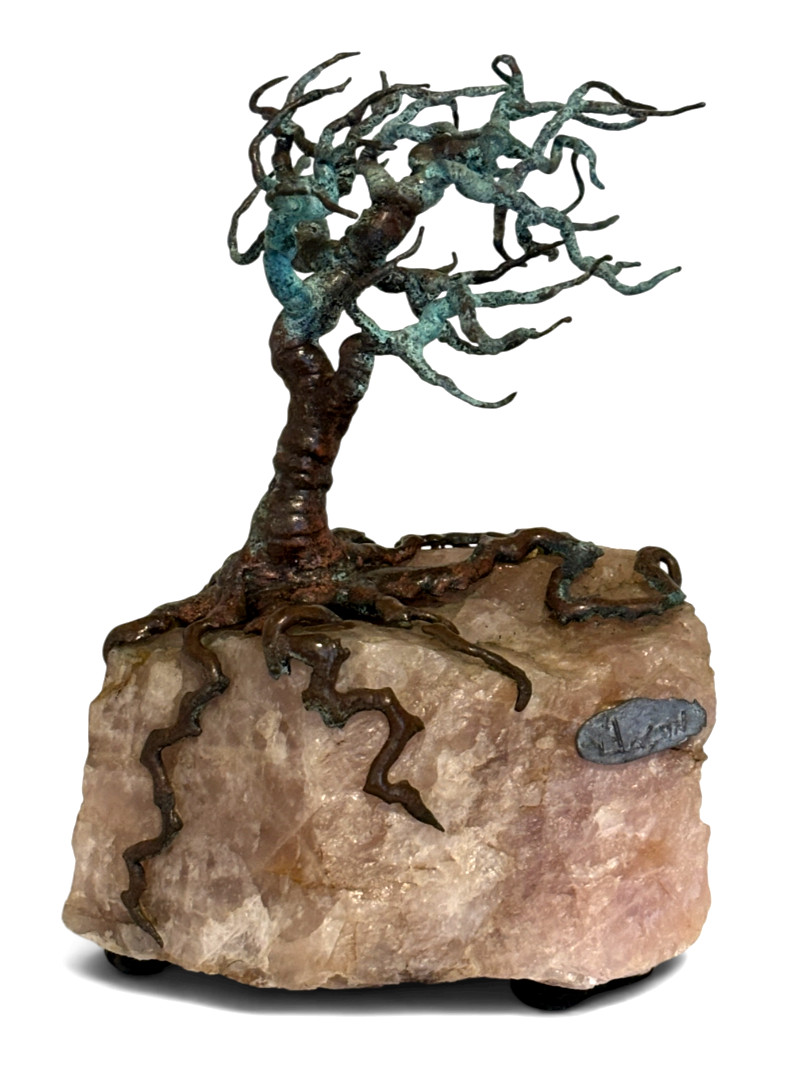 Bronze Wind Swept Tree on Quartz Rock Sculpture Marked Jason Brutalist 7