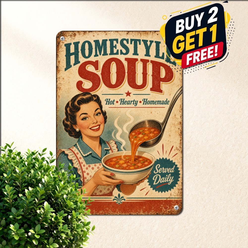 Vintage Soup Kitchen Ladle Sign Retro Canned Food Metal Tin Wall Plaque 8x12