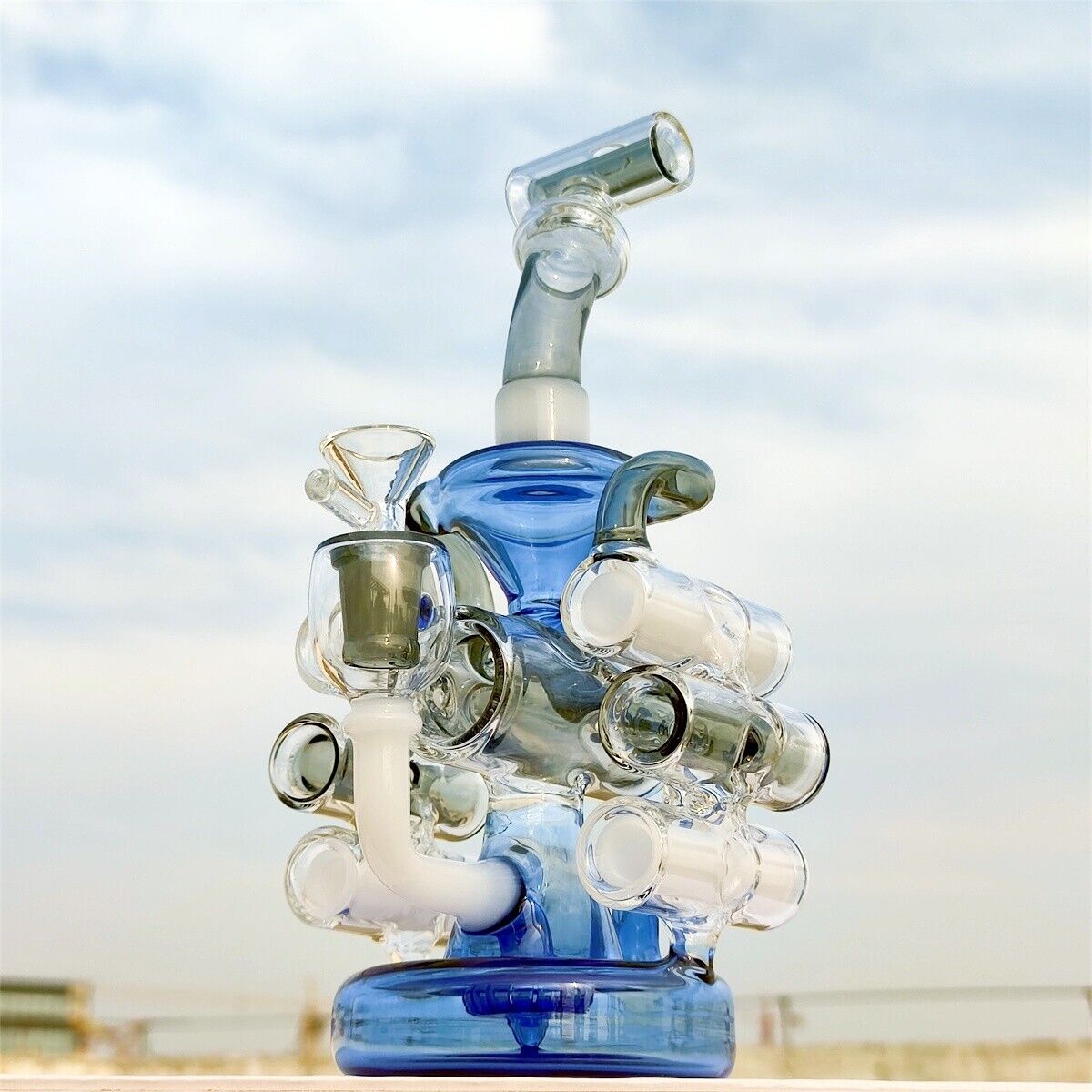 12 Inch Large White Blue Mass Tubes Glass Bong Water Pipe Hookah Recycler 14MM