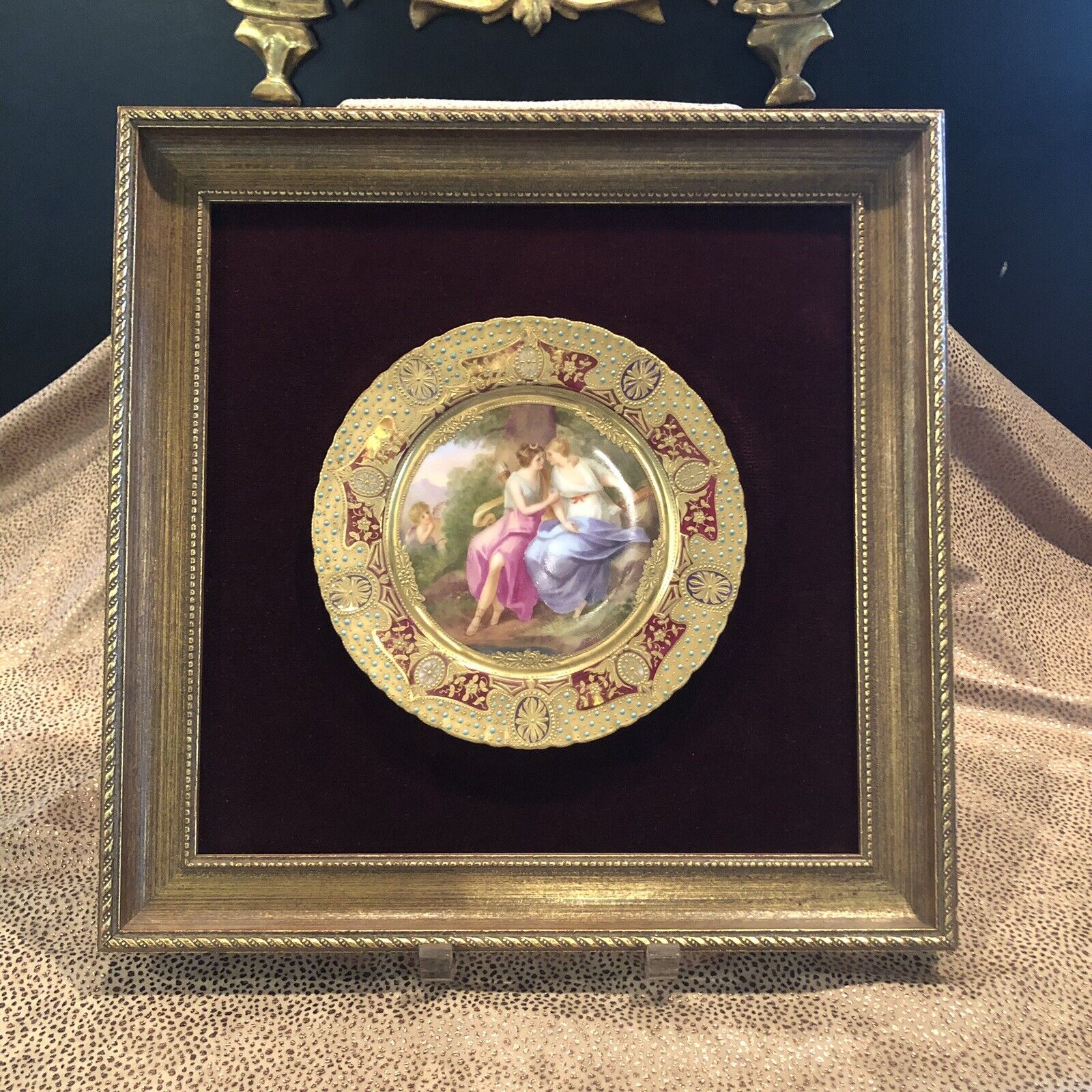 Framed Antique 19th Century Hand Painted Porcelain KPM Plate w/ Gilt Details