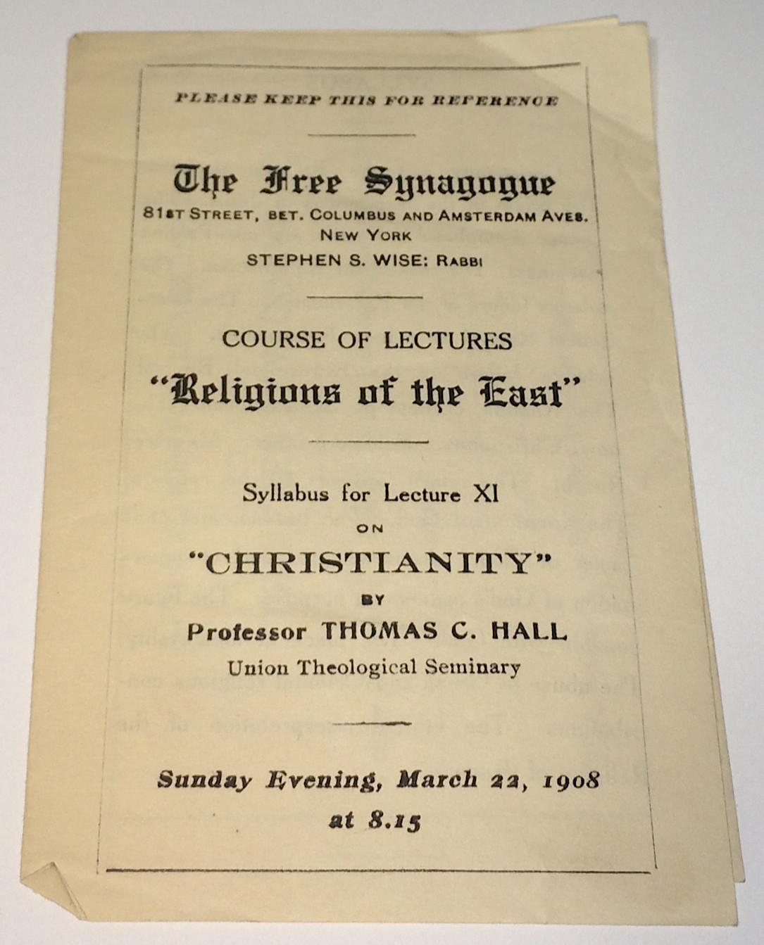 Rare Antique American Jewish Free Synagogue Lecture New York Program C.1908 US