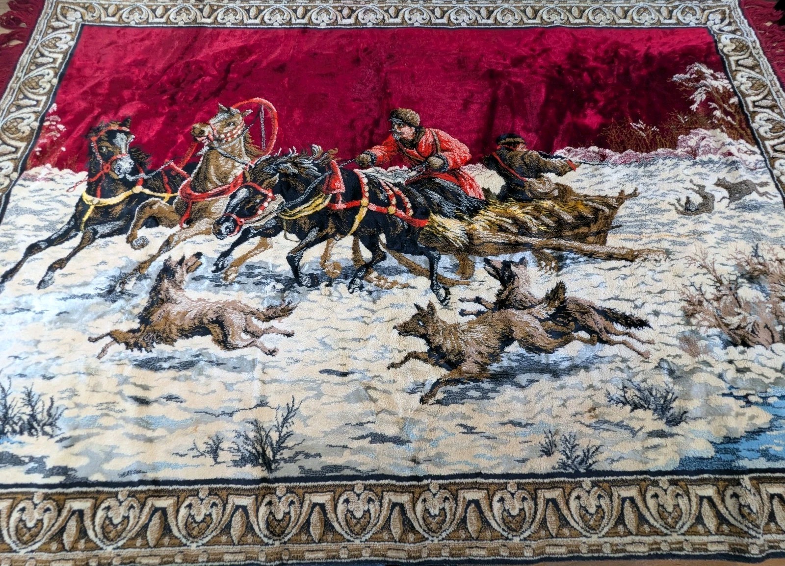 Vintage Velvet Tapestry Russian Troika Sleigh Winter Forest Wolves Attacking Rug Vintage Velvet Tapestry Russian Troika Sleigh Winter Forest Wolves Attacking Rug