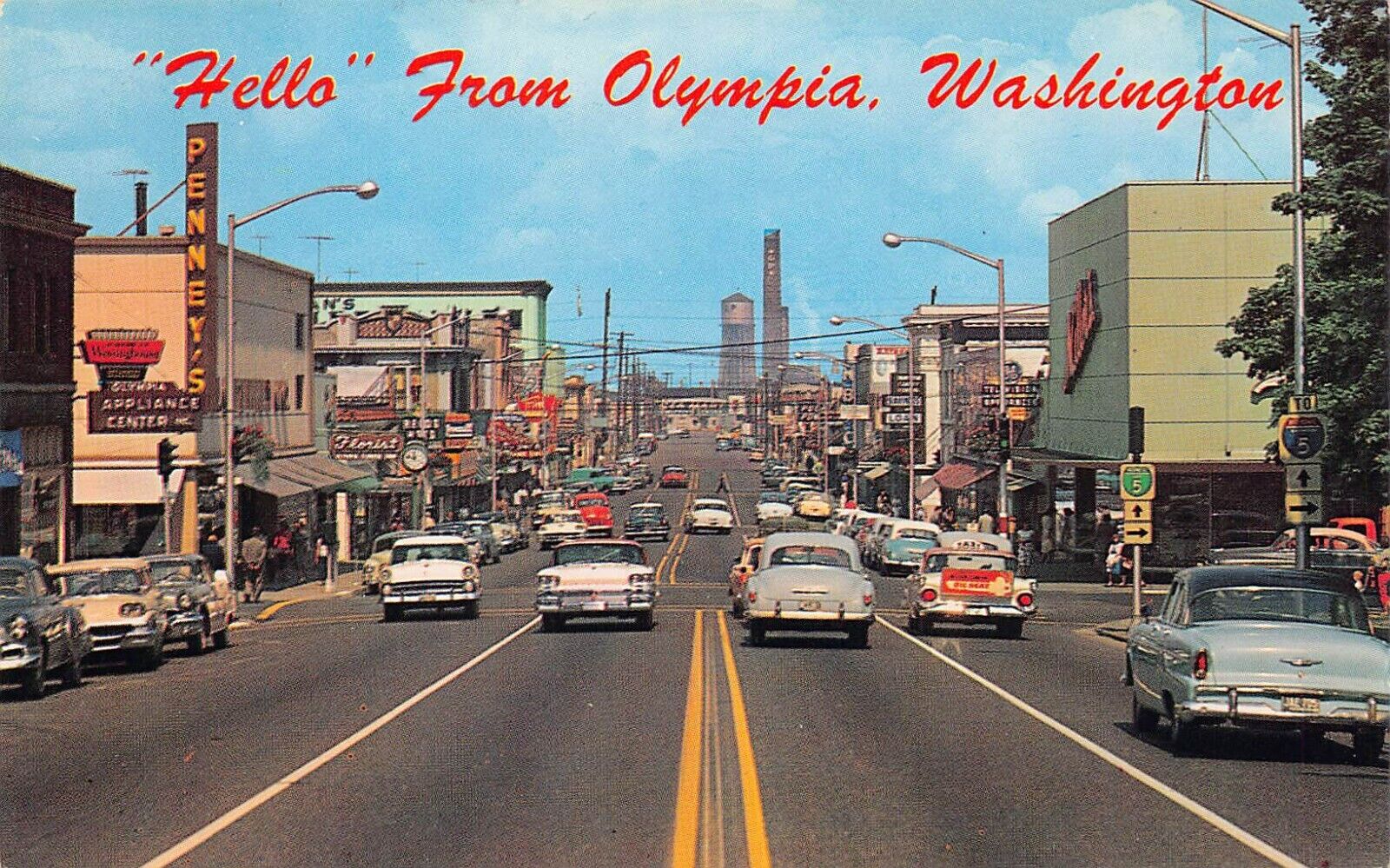 Olympia WA Washington Capitol Way Main Street Downtown 1950s Vtg Postcard A37