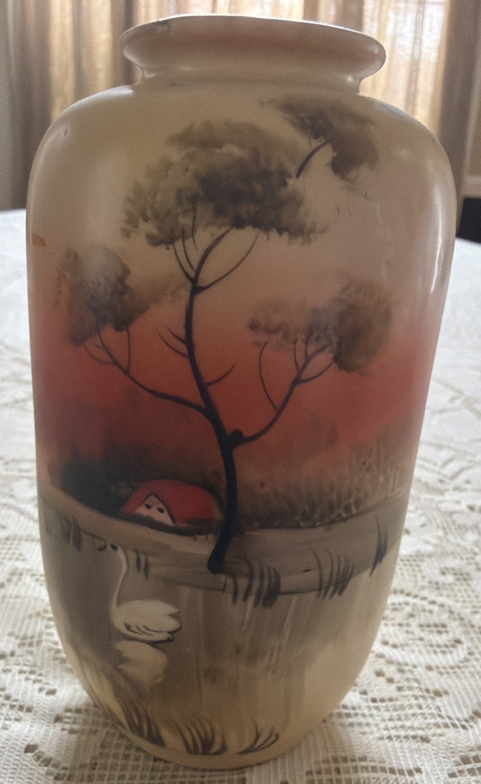 Vintage Nippon Japan Hand Painted Bud Vase Signed Swan Tree Sunset House Lake 5”