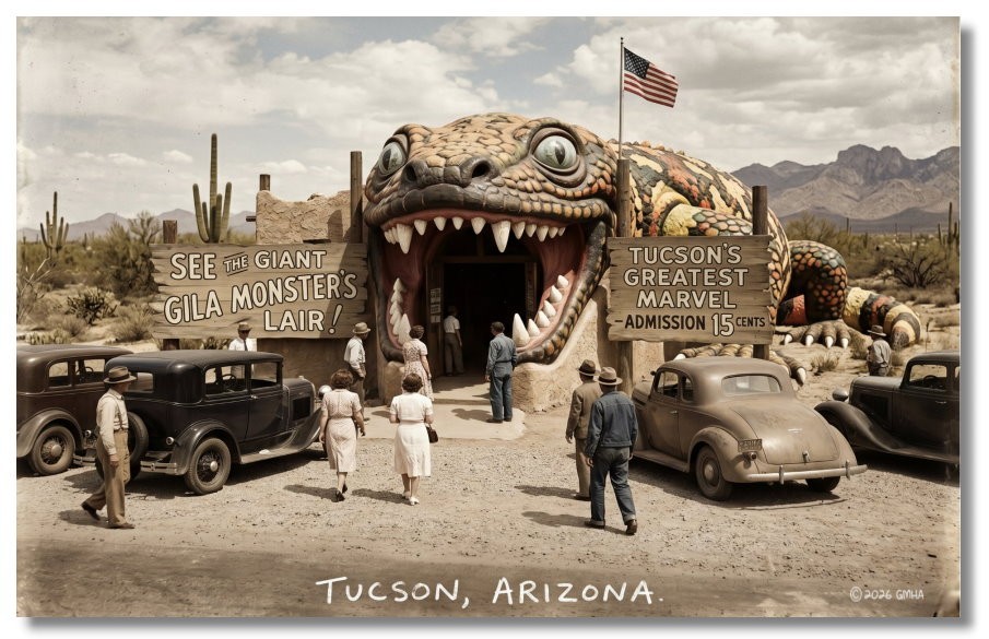 Vintage‑STYLE NEW ART 1930's RPPC-GIANT GILA MONSTERS-TUCSON ARIZONA-FAUX