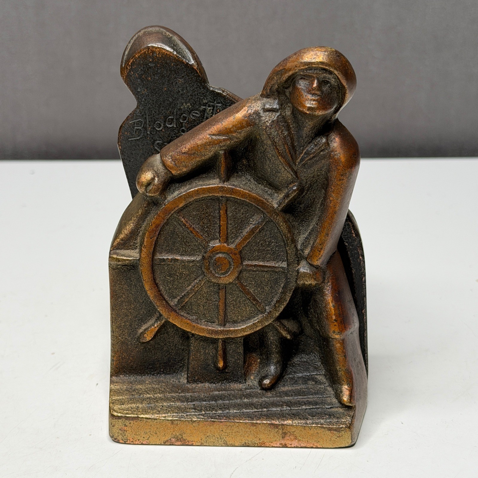Vtg Blodgett Studios Cast Iron Sailor Helmsman Ship Wheel Nautical Bookends Pair