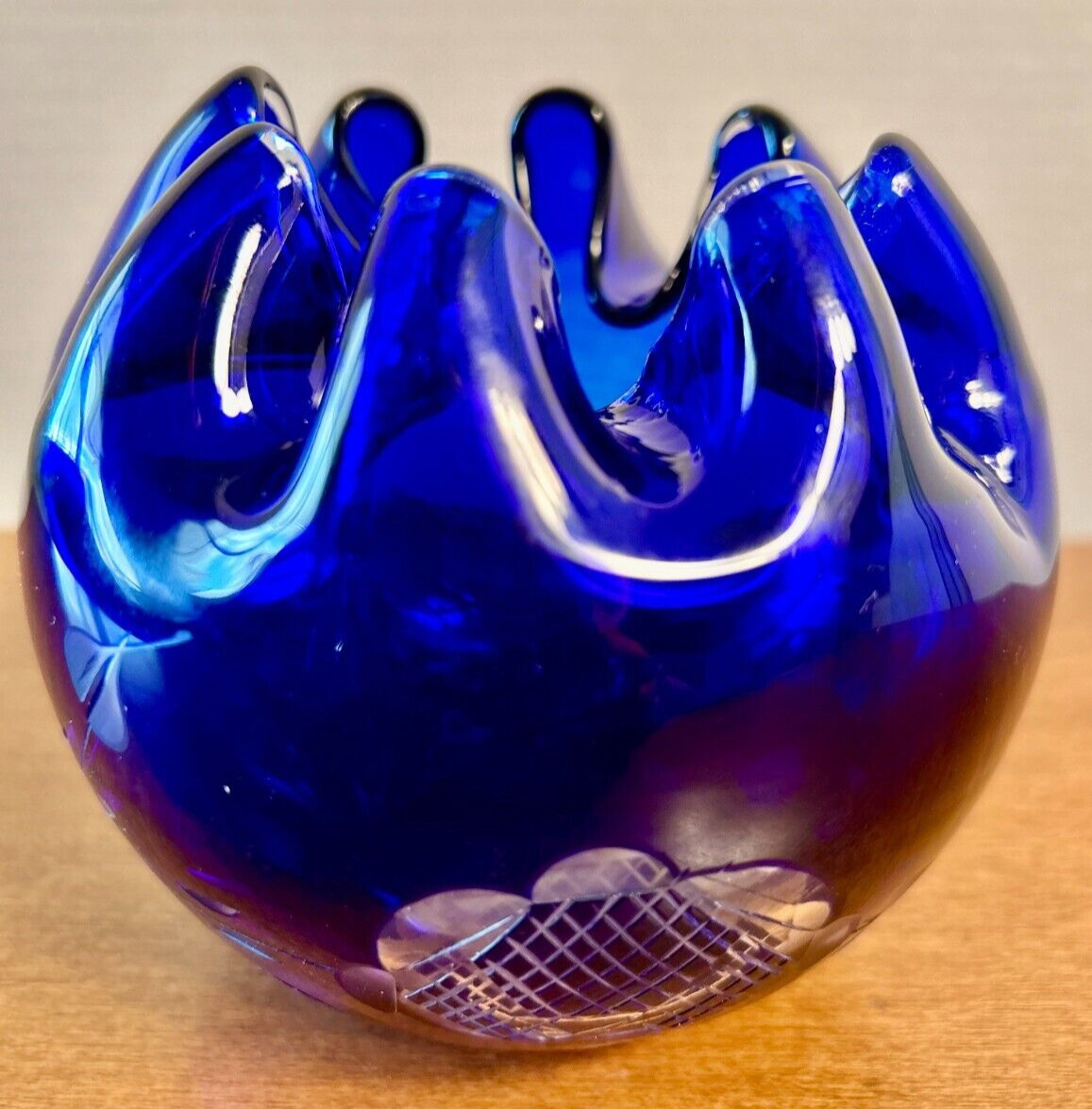 Vintage Cobalt Blue Rose Bowl Cut to Clear Bohemian Art Glass Vase Ruffled EUC