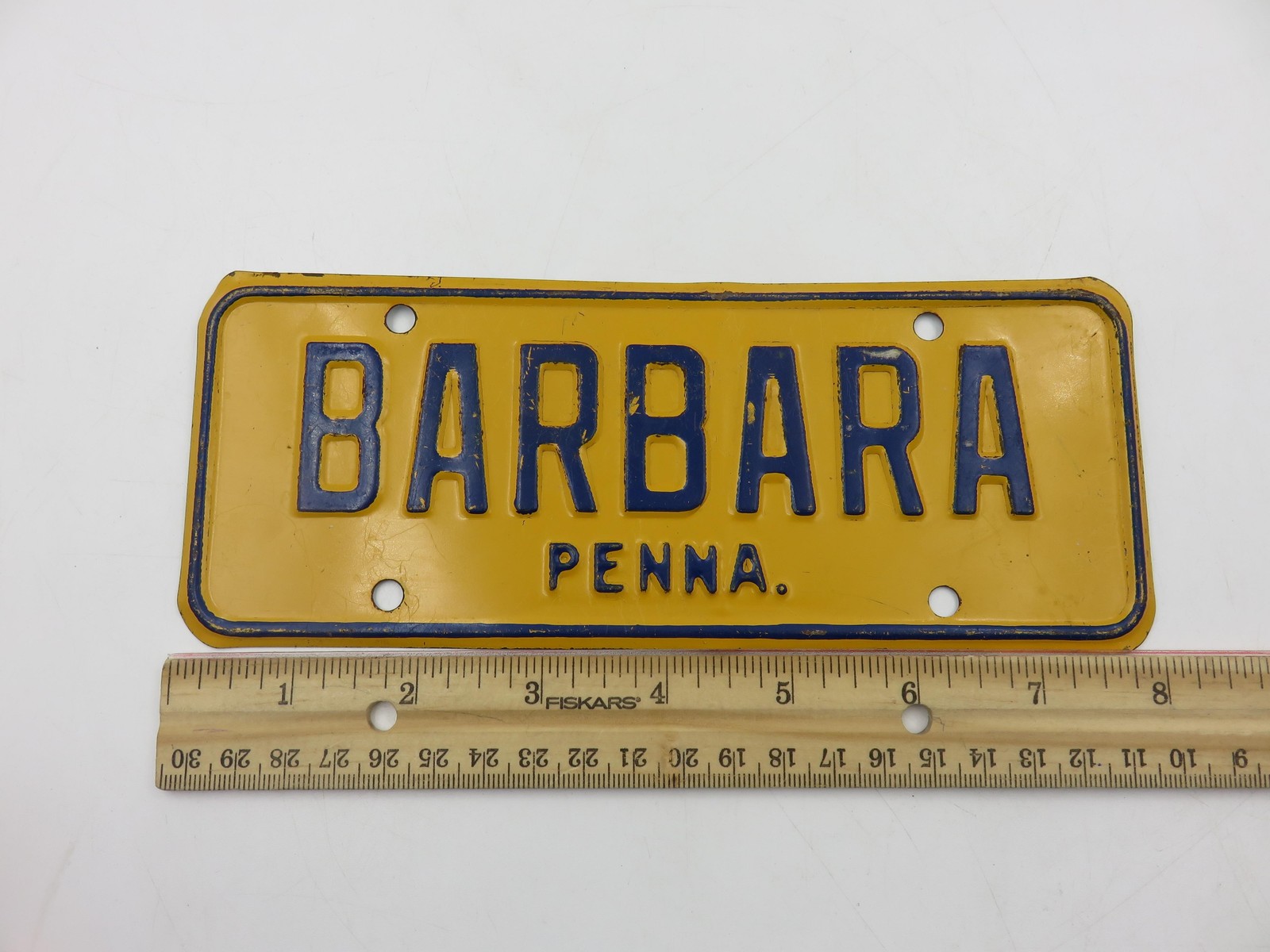 Vintage BARBARA PENNA Mini License Plate Yellow Blue Metal Name Sign Tag Decor