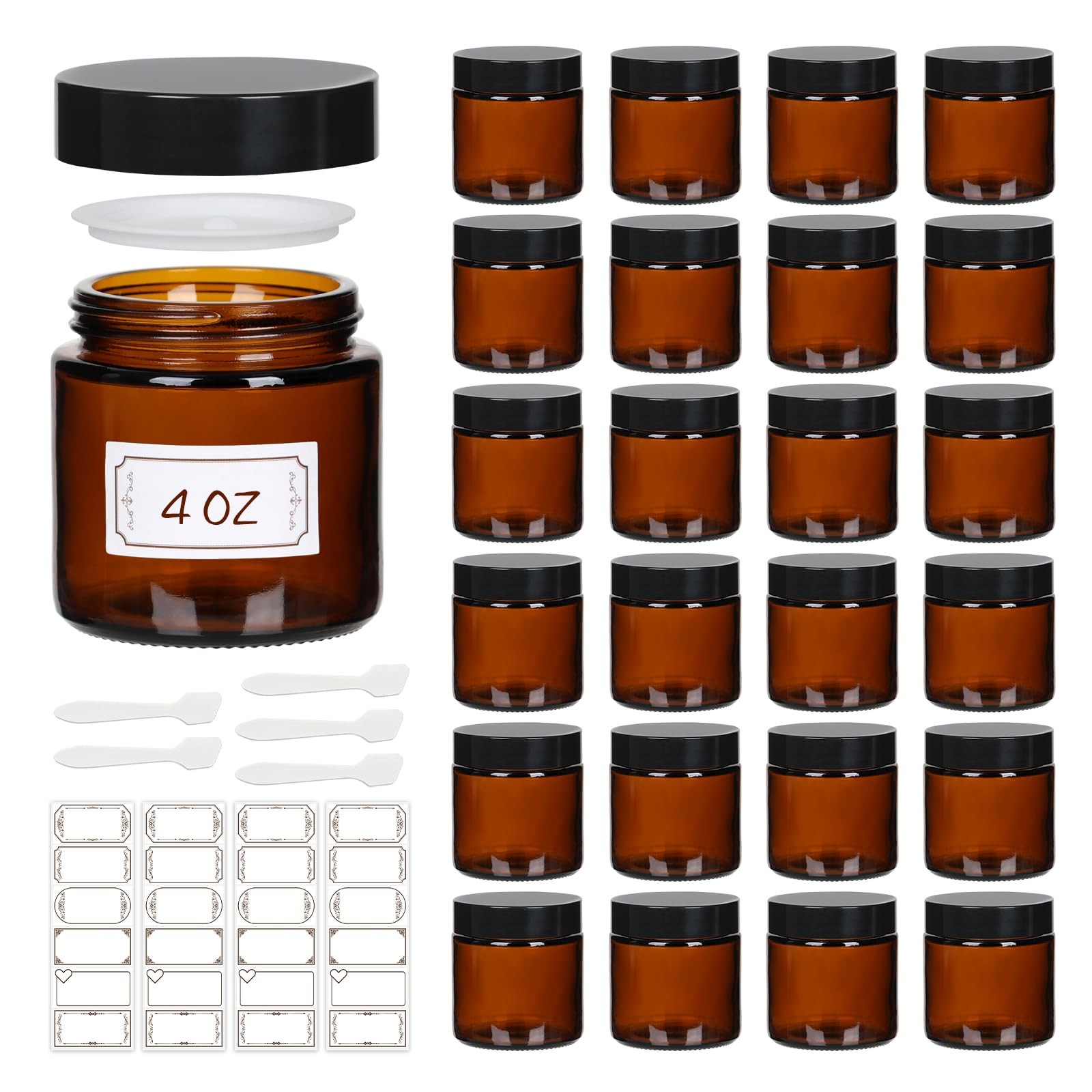 Mcupper 24 Pack 4 oz Amber Glass Jars Inner Liners Black Lids