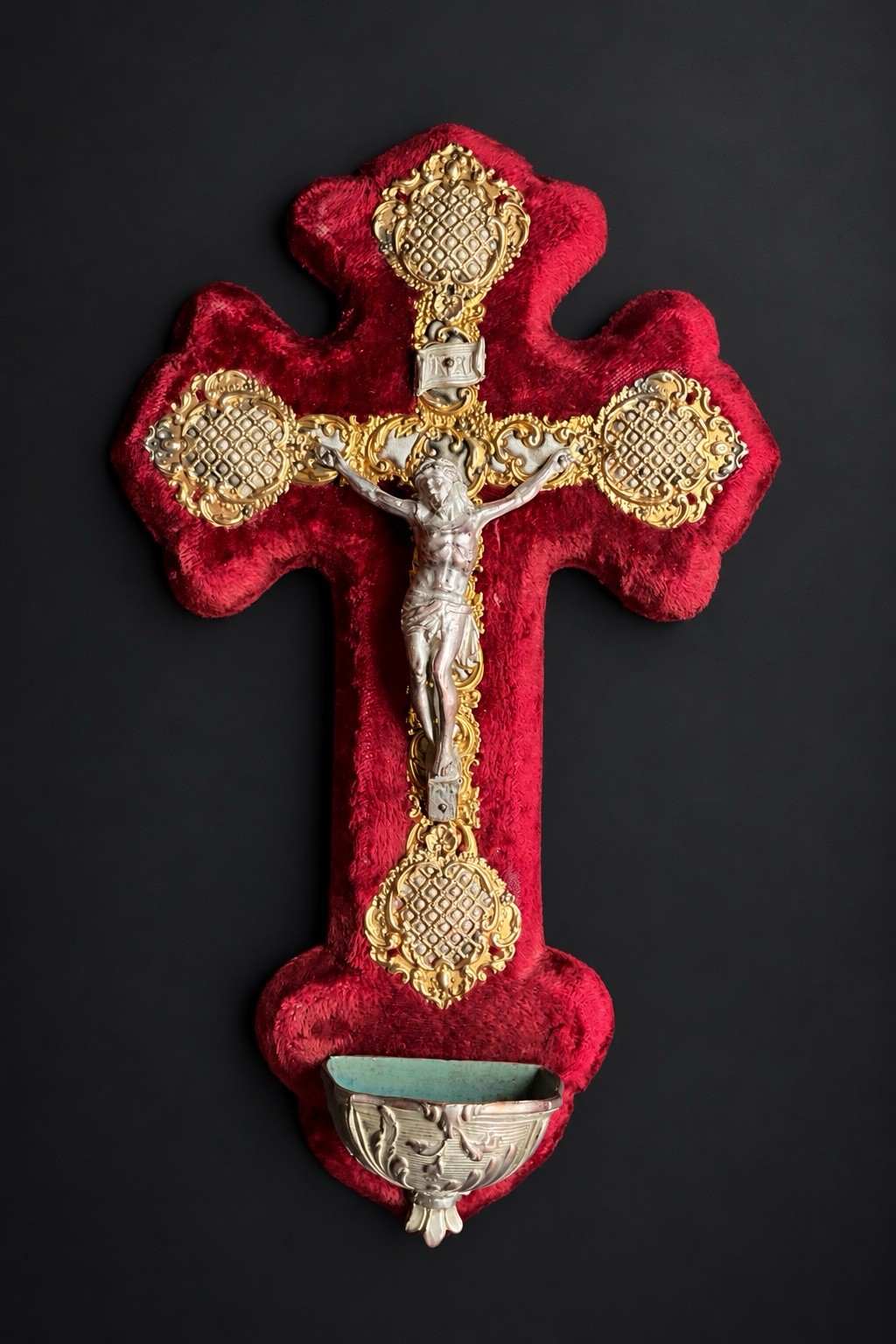 Antique French Holy Water Font Red Velvet Gilt Brass Crucifix 19th Century