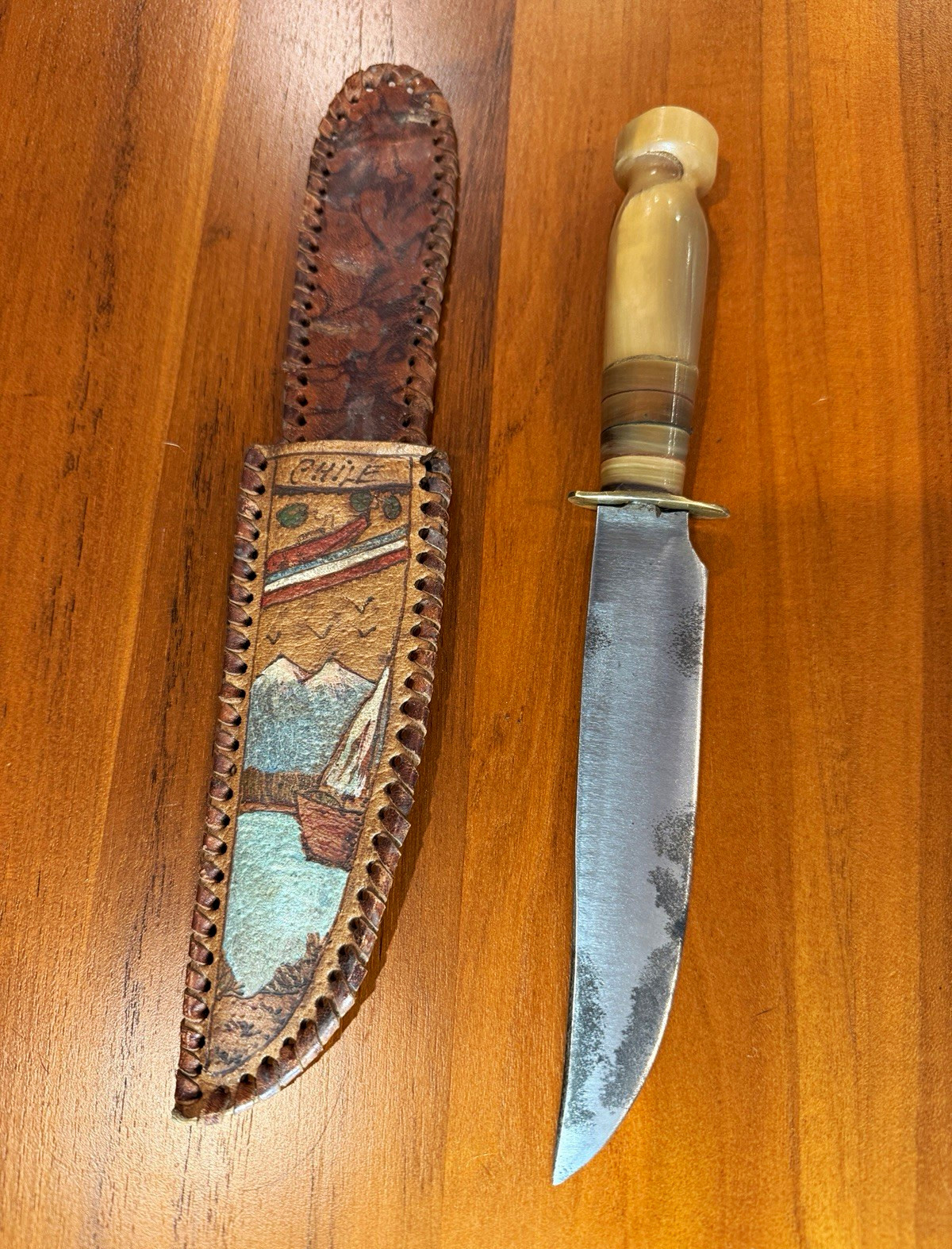 Vintage 1958 Chilean Knife Horn Handle Hand Tooled Leather Sheath Folk Art Vintage 1958 Chilean Knife Horn Handle Hand Tooled Leather Sheath Folk Art
