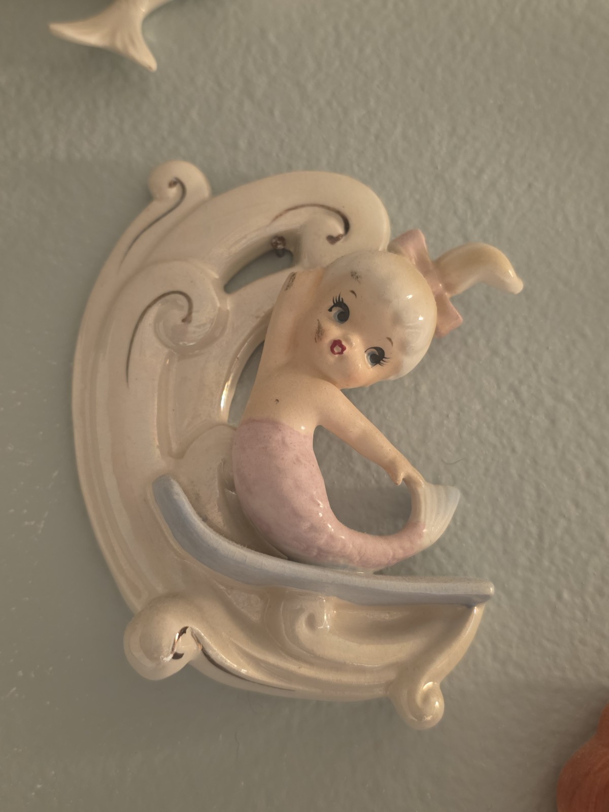 Vintage Norcrest mermaid On Surfboard On Wave