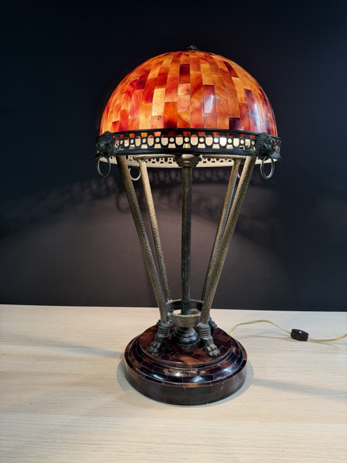 Vintage Maitland Smith 22” Tessellated Shell Bronze Lion Motif Table Lamp