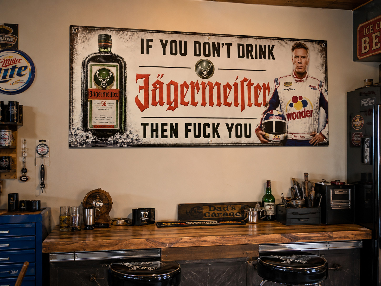 Jägermeister Ricky Bobby Banner 48x20 Funny Bar Banner Man Cave Decor Racing