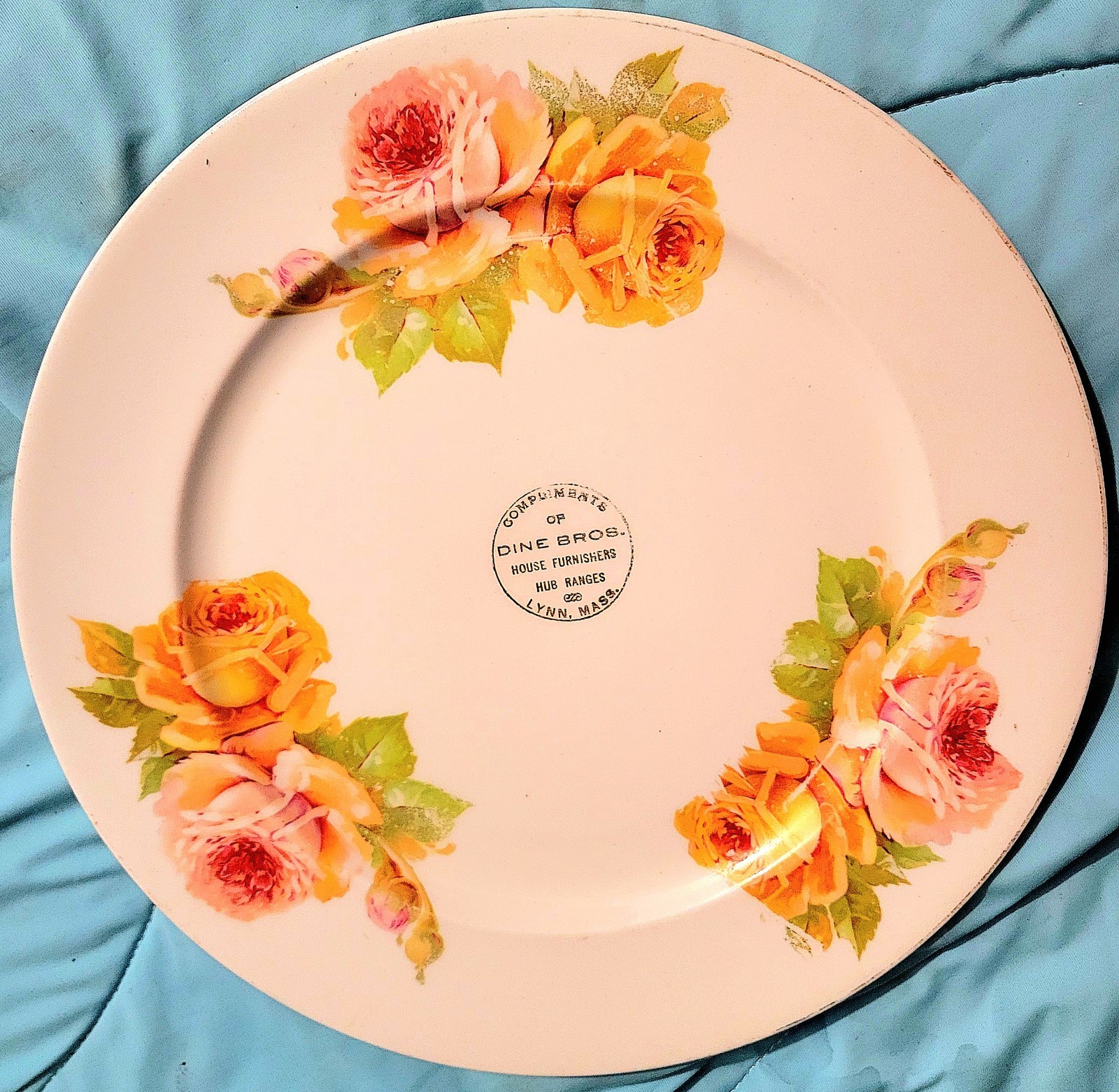 Antique Premium Plate. Dine Bros., Lynn, MA, House Furnishers, Hub Ranges