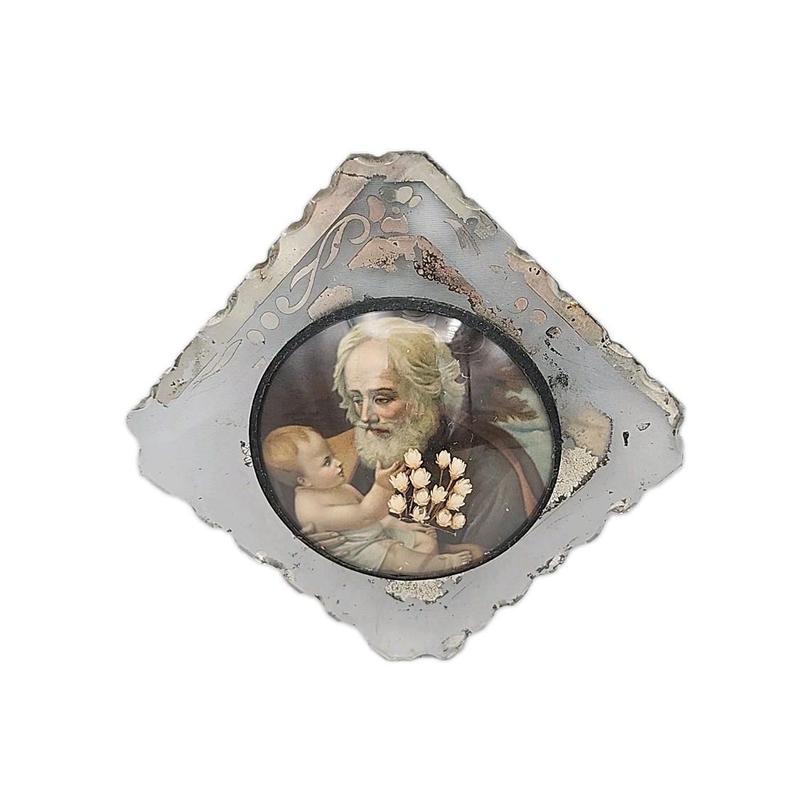 Vintage St. Joseph Baby Jesus Religious Convex Glass Frame Dried Flowers 5x5