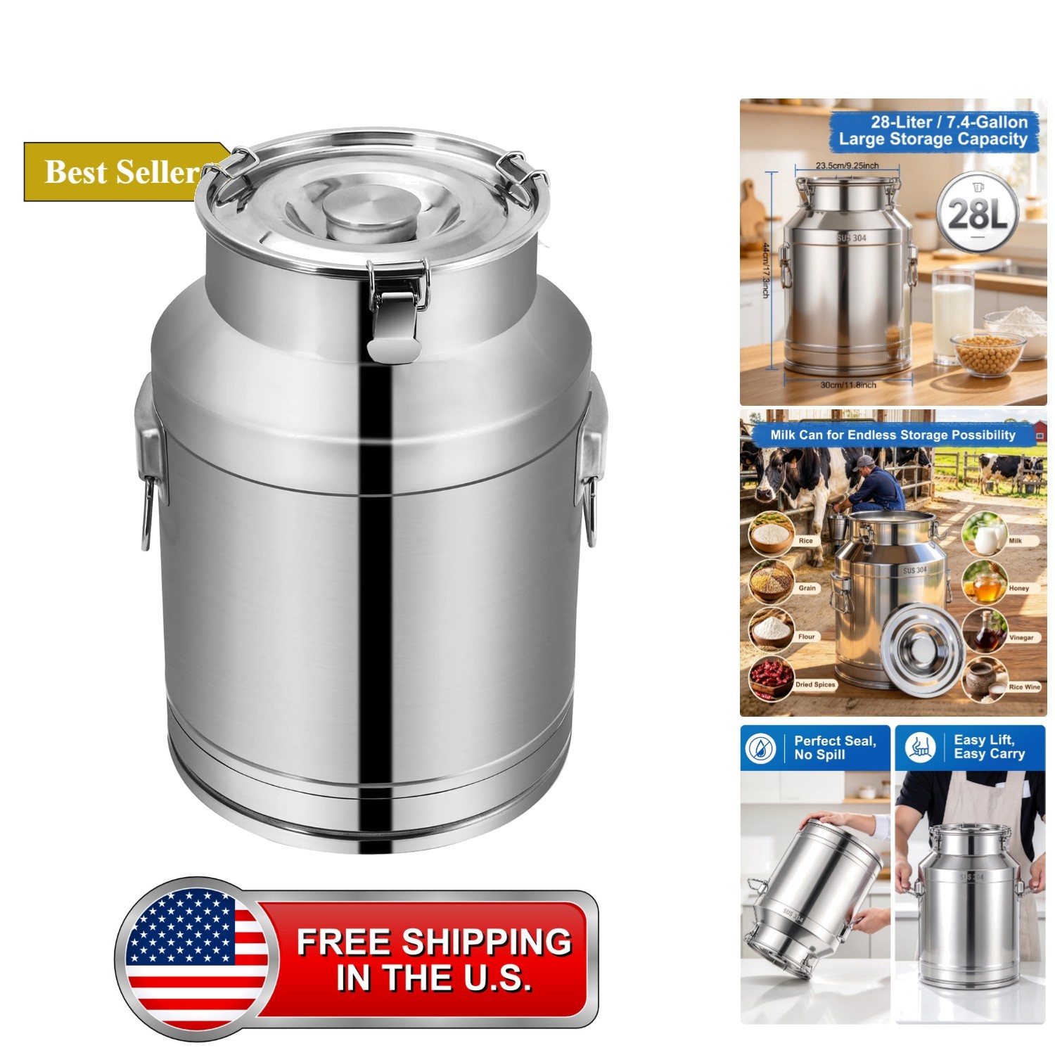 7.4 Gallon Stainless Steel Milk Can 28L Milking Bucket Jug