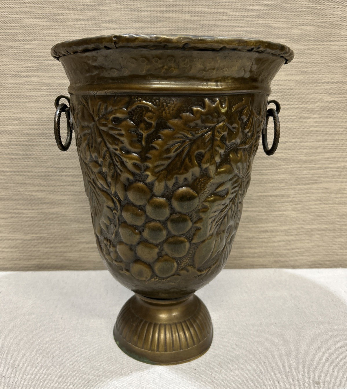 Vintage Lacquered Brass 13 Inch Grape Motif Urn/Planter - Dual Ring Handles