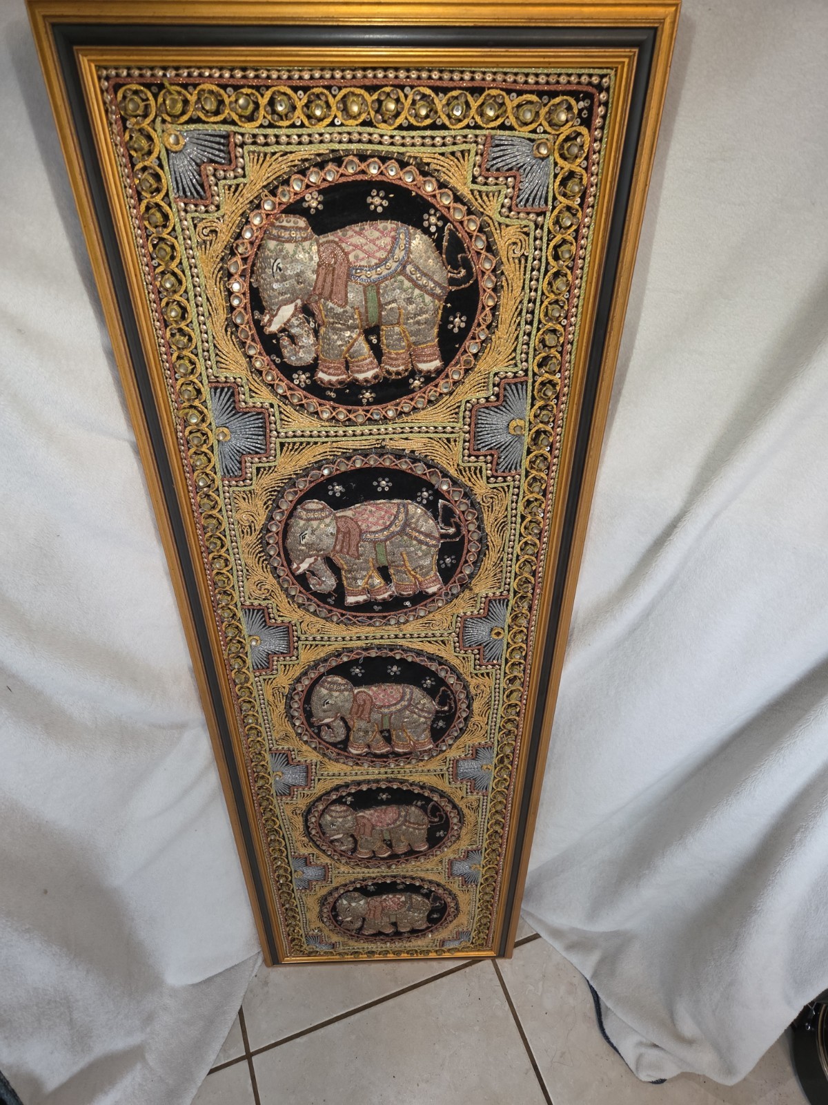 Vintage Burmese Kalaga Elephant Tapestry Framed Beaded Sequin Textile Art 50