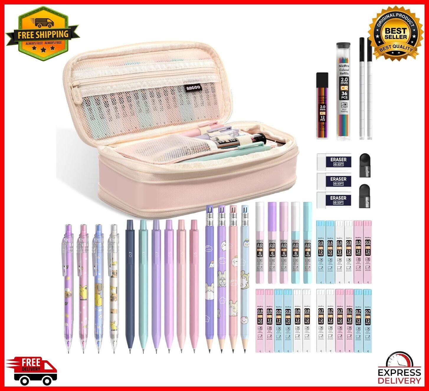 47PCS Aesthetic School Supplies in Big Capacity Pen Case, Cute Pastel Mechanical