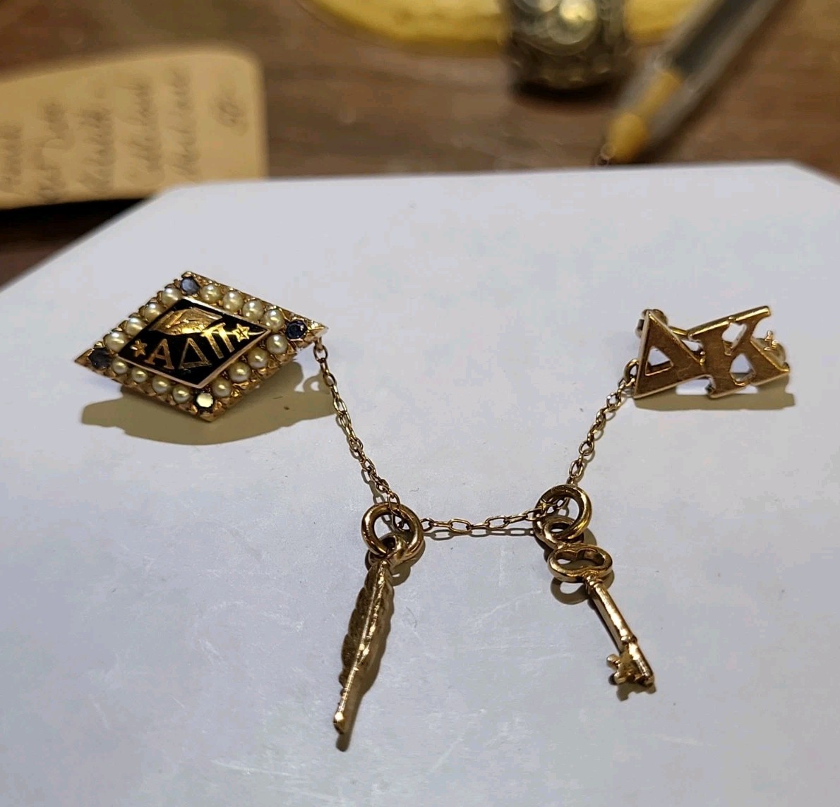 ALPHA DELTA PI 10k gold Sorority Pin Charms Guard Pearl Sapphire Vintage Badge 