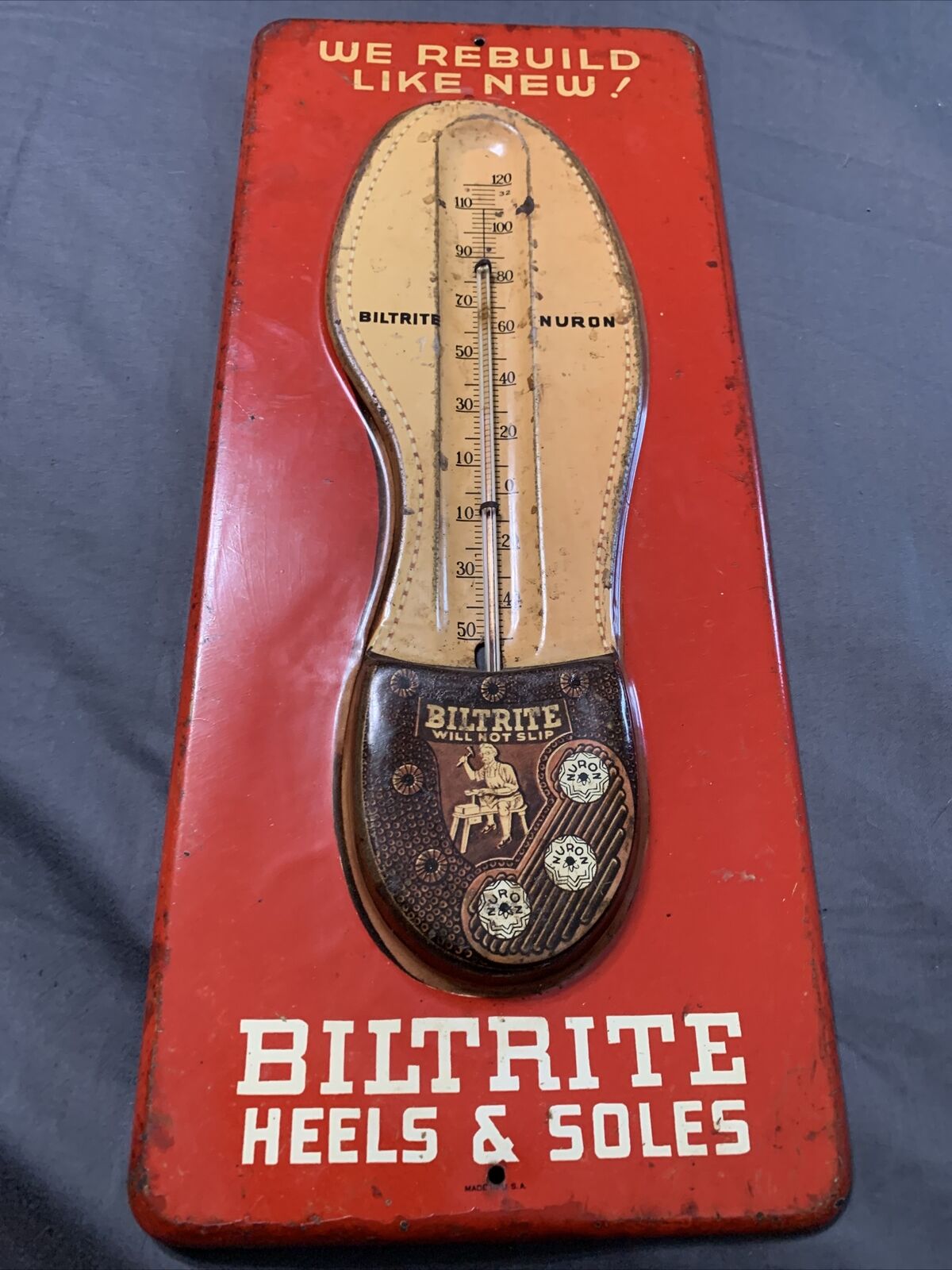 Vintage Original Biltrite Embossed Heels & Soles Working Metal Thermometer Sign