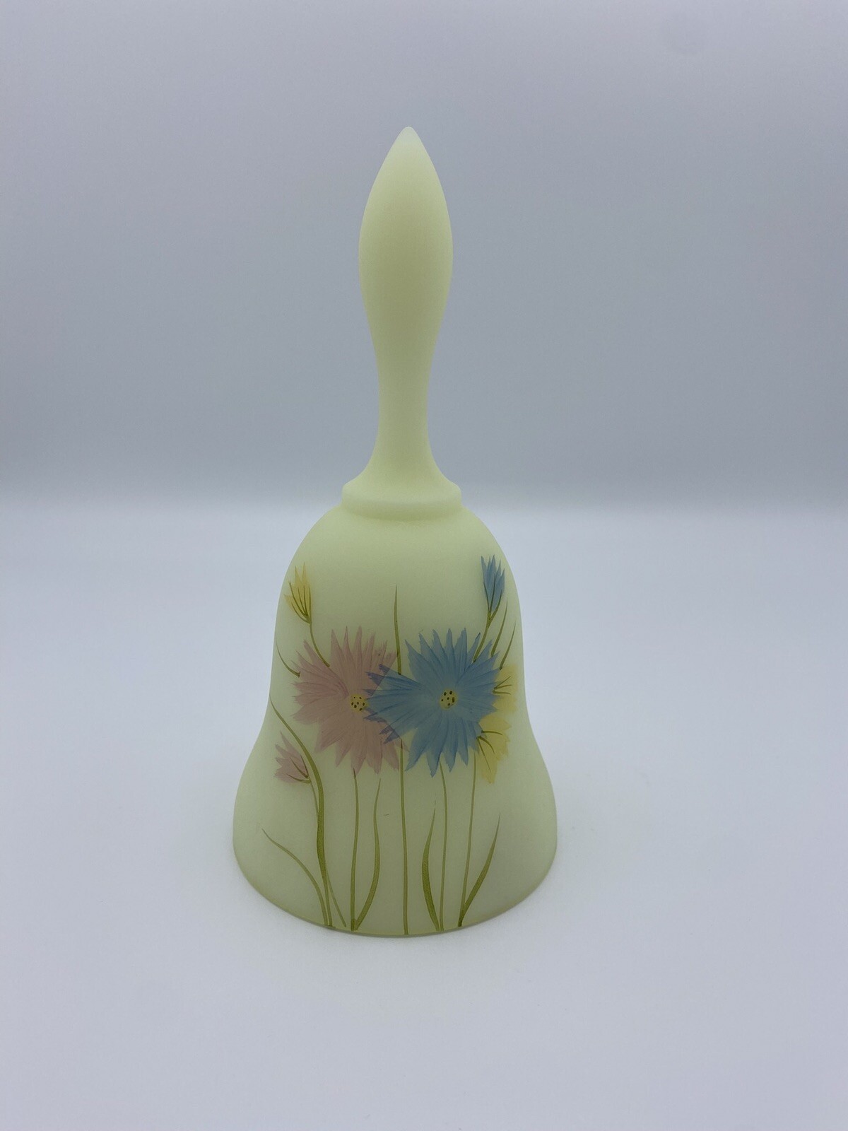 Fenton Dianthus on Custard Satin Bell Hand Painted Pink Blue Flowers