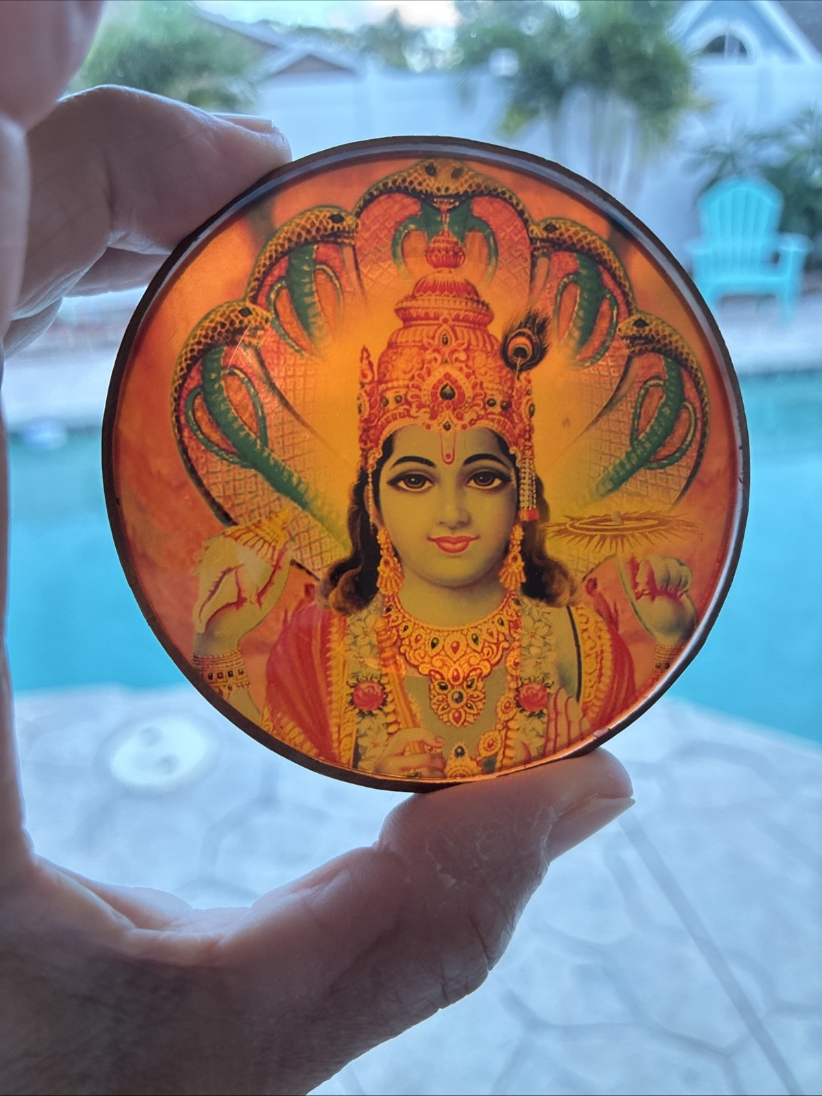 Vintage Hindu Lord Vishnu Inverse Painted Glass Amulet With Copper Metal Edge