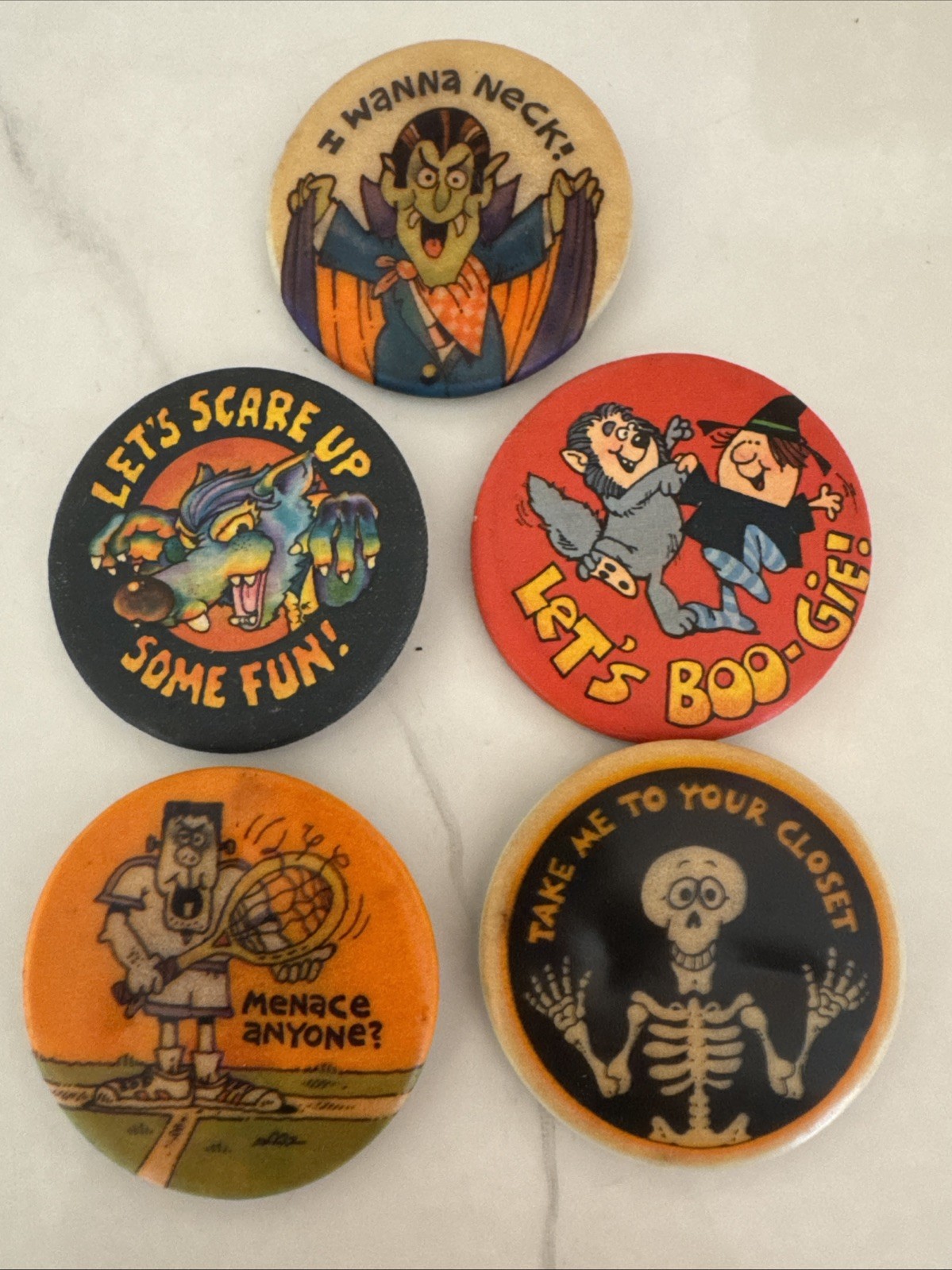 Vintage Lot 6 LET'S BOO-GIE I Wanna Neck Halloween HALLMARK Pin PINBACK Button