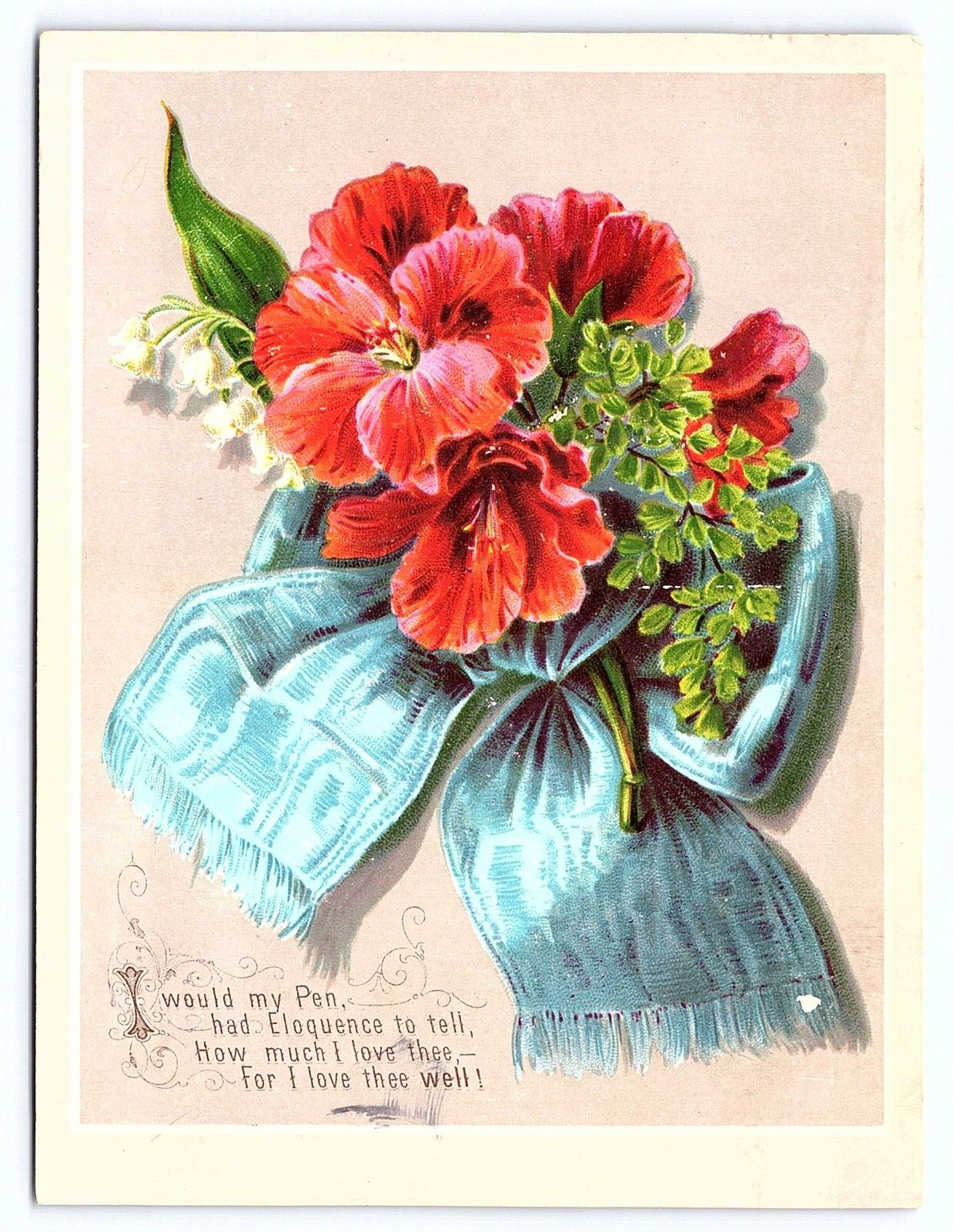 Antique Valentine’s Card Roses with Blue Bow Victorian Art Vintage