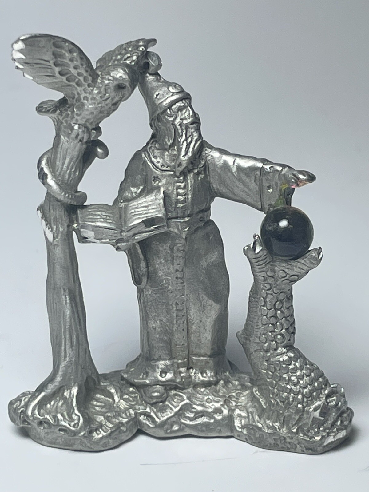 Jaycraft Pewter Wizard with Owl and Crystal Ball Figurine 1 7/8” 1994