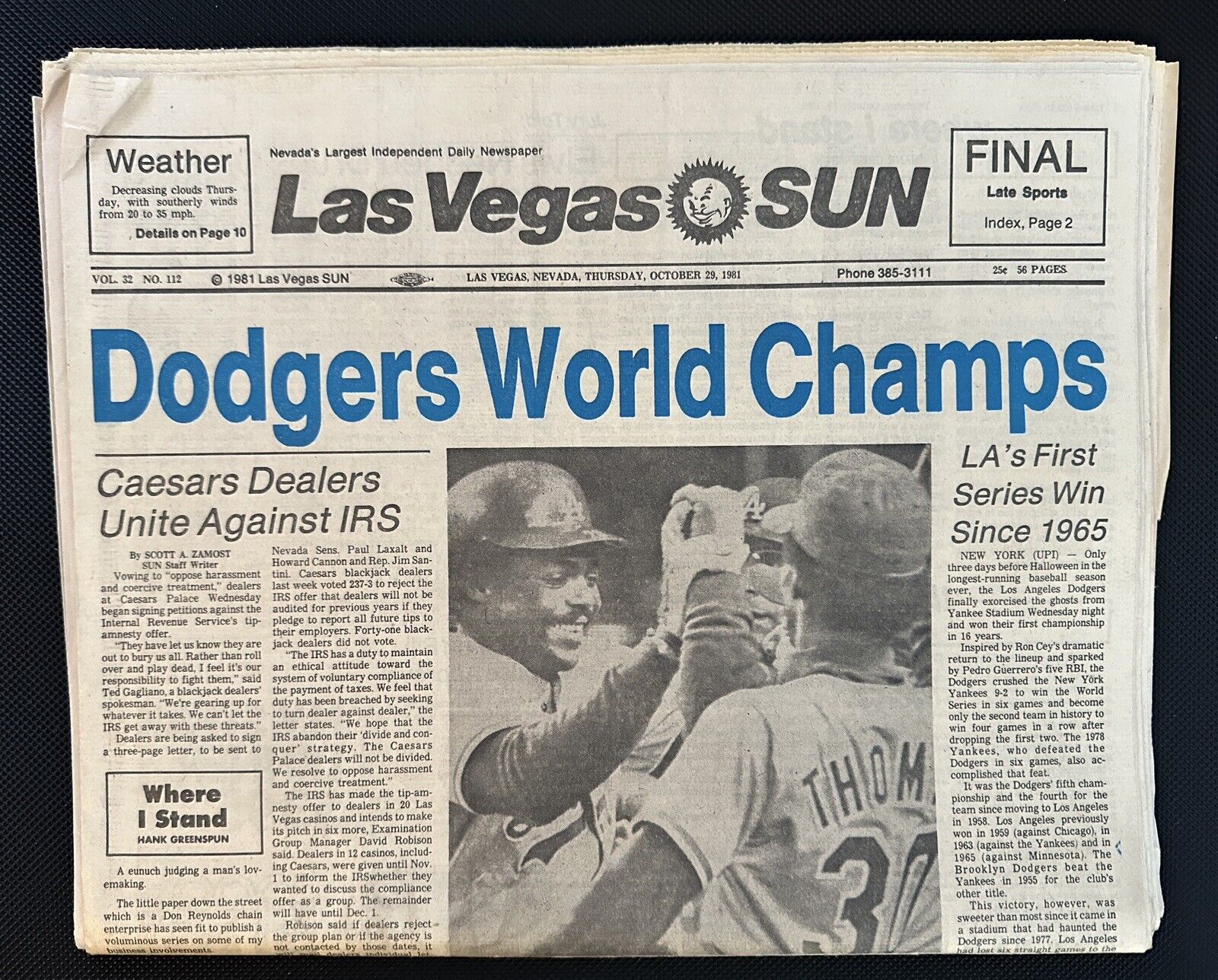 1981 World Series-Dodgers - Historic Las Vegas Sun Newspaper - October 29, 1981