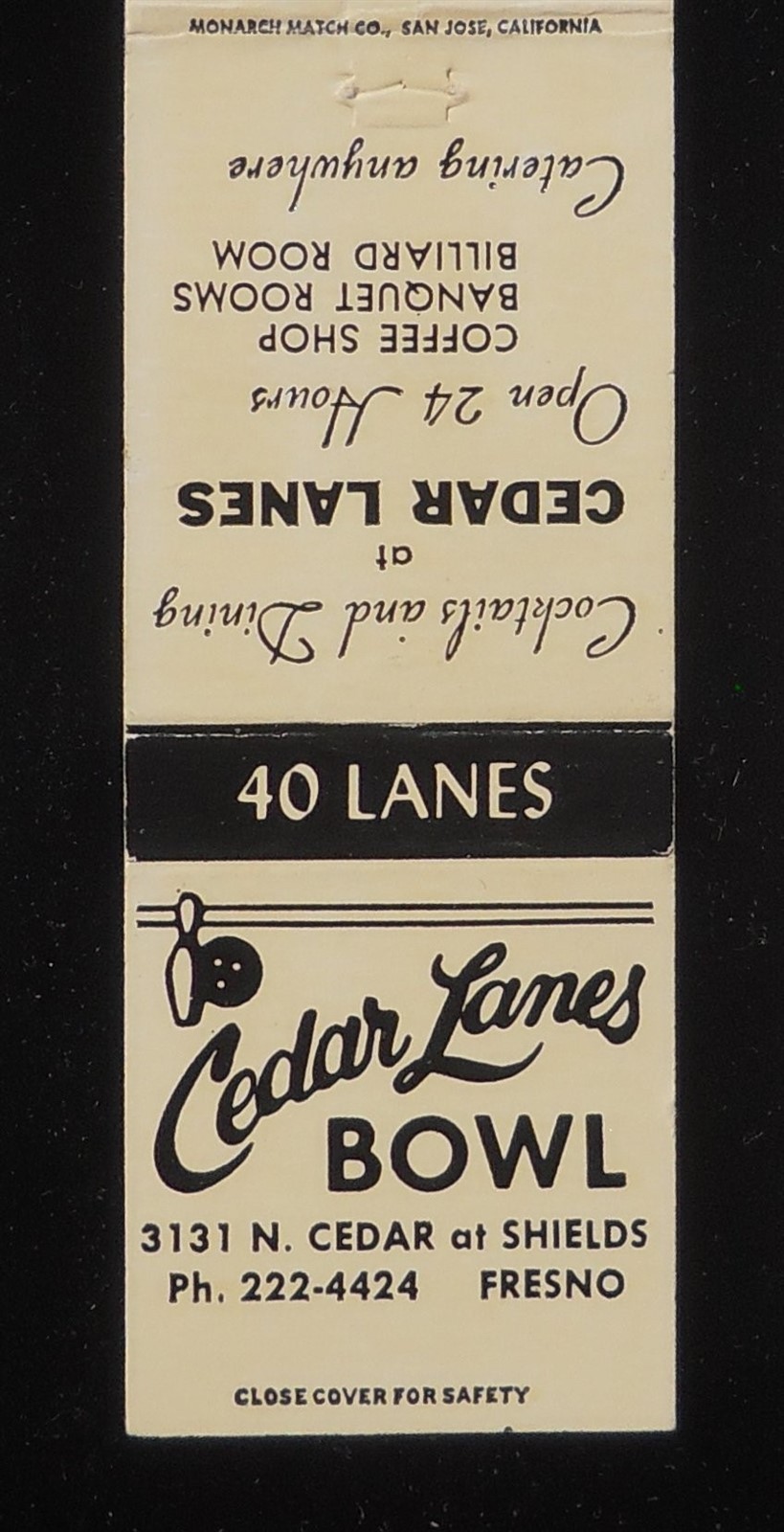 1960s BOWLING Cedar Lanes Bowl 40 Lanes Cocktails Billiard Room Fresno CA MB