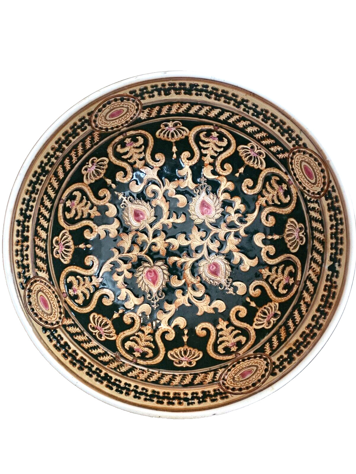 Vintage Ornate Chinese Centerpiece bowl gold pink black signed