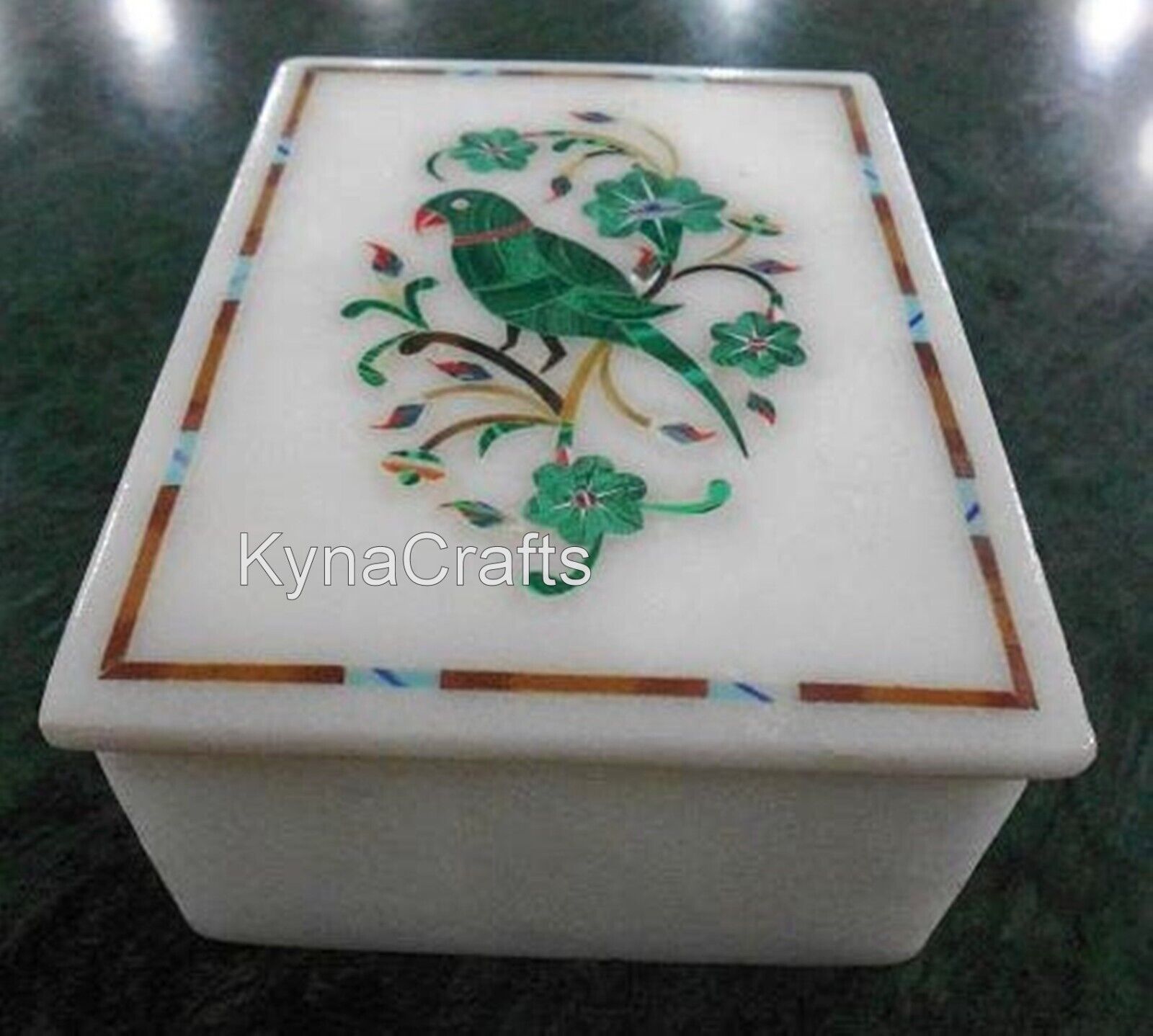 Parrot Pattern Inlay Work Necklace Box White Marble Jewelry Box from Vintage Art
