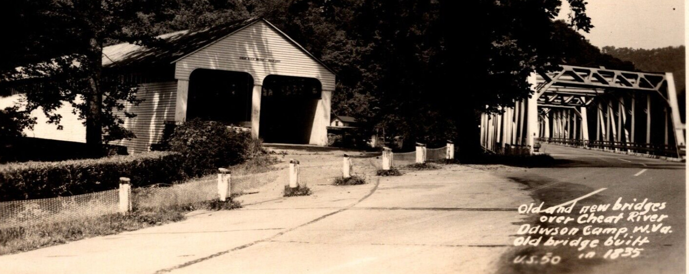 RPPC Old Covered Bridge & Newly Built Steel Bridge Over CHEAT RIVER WV Postcard