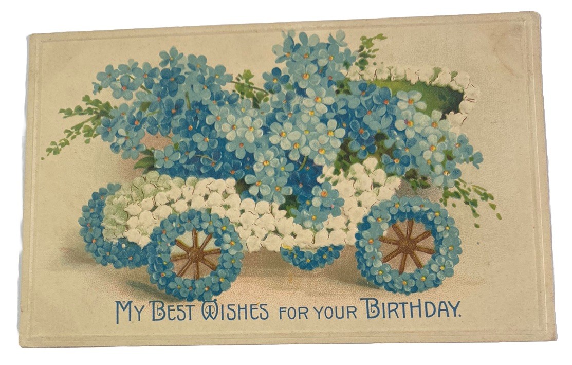 Happy Birthday Floral Early Automobile Embossed ~ Antique 1910s Postcard