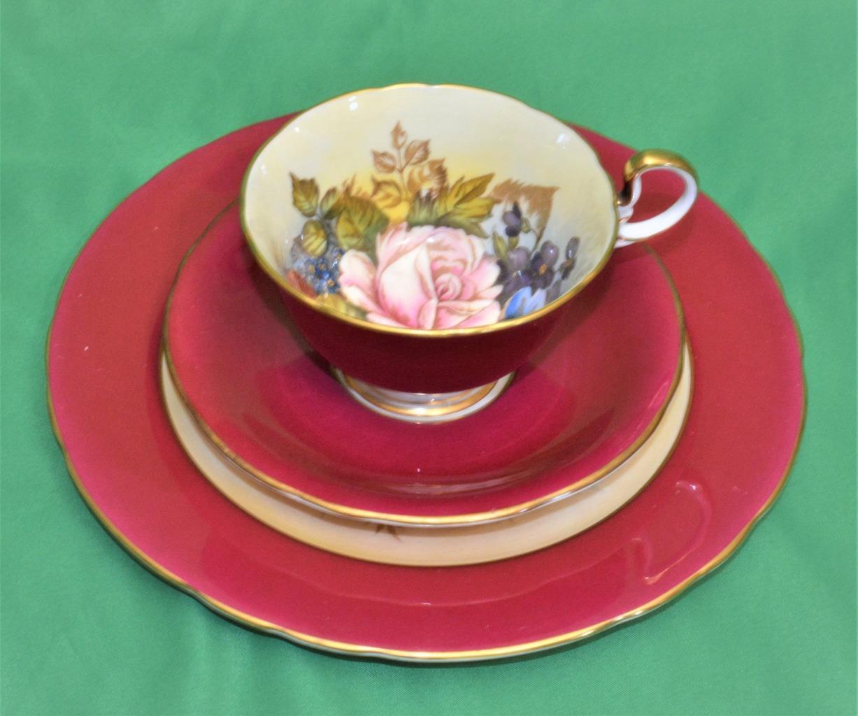 AYNSLEY Signed J.A. BAILEY Bright Maroon CABBAGE ROSE Trio Set Cup Saucer Plate