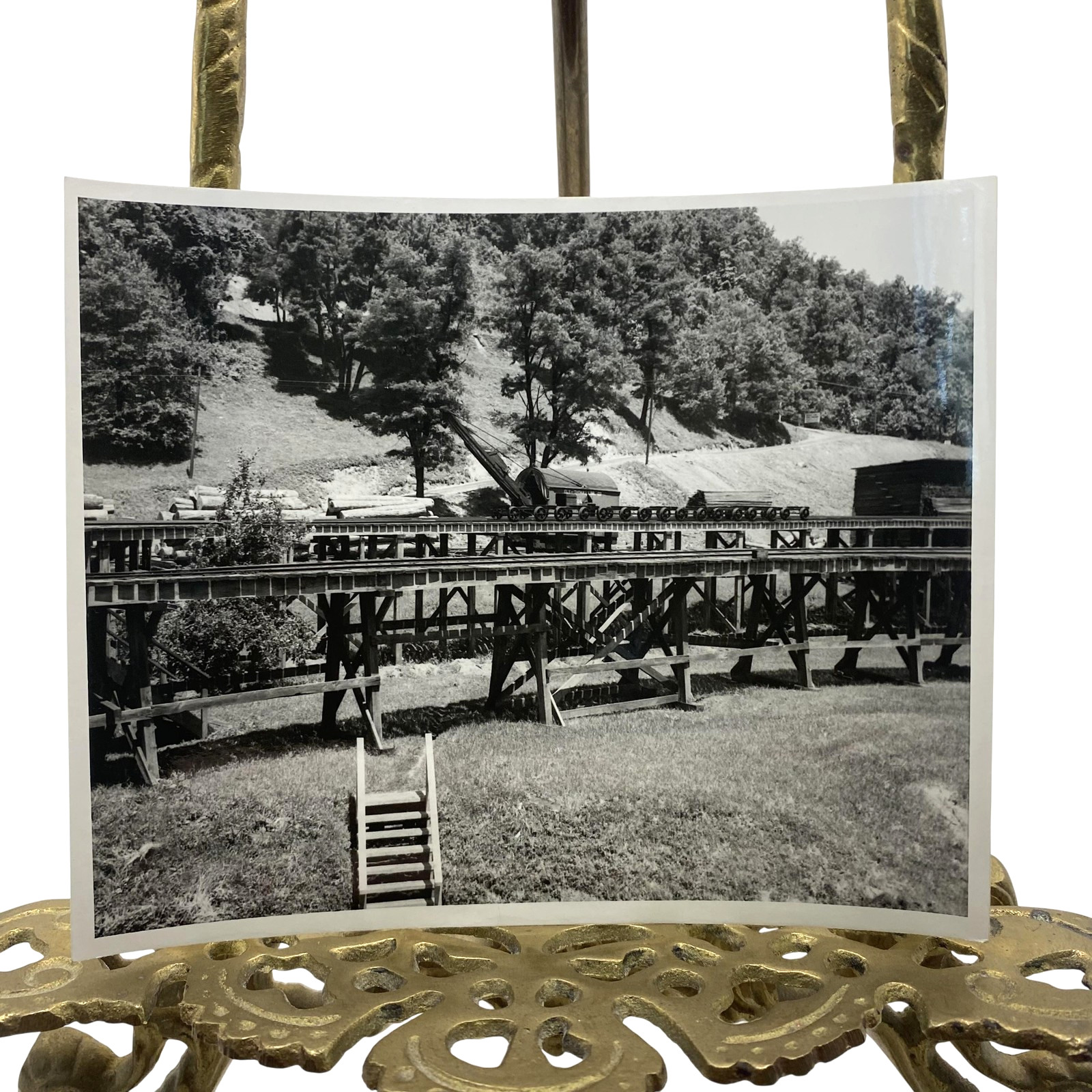 Vintage Logging Railroad Trestle Bridge Log Train Photo 4x5 B&W Gelatin Orig