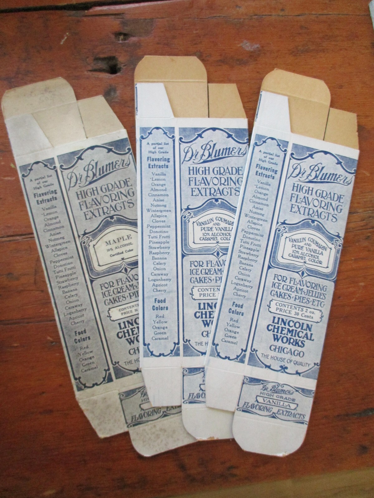 3 C1910 original unused boxes DR BLUMERS VANILLA EXTRACT LINCOLN CHEMICAL WORKS 3 C1910 original unused boxes DR BLUMERS VANILLA EXTRACT LINCOLN CHEMICAL WORKS