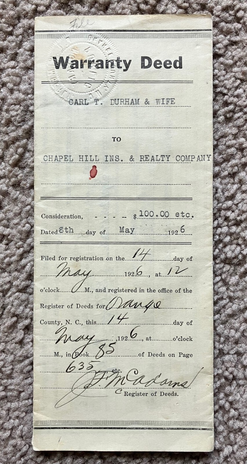Vtg 1926 Carl T Durham US Congressman Property Deed Chapel Hill NC Signed