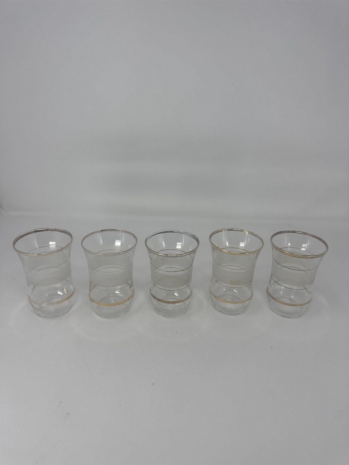 Vintage MCM Frosted Gold Trim Juice Glasses Set of 5 Flared Gilded Tumblers