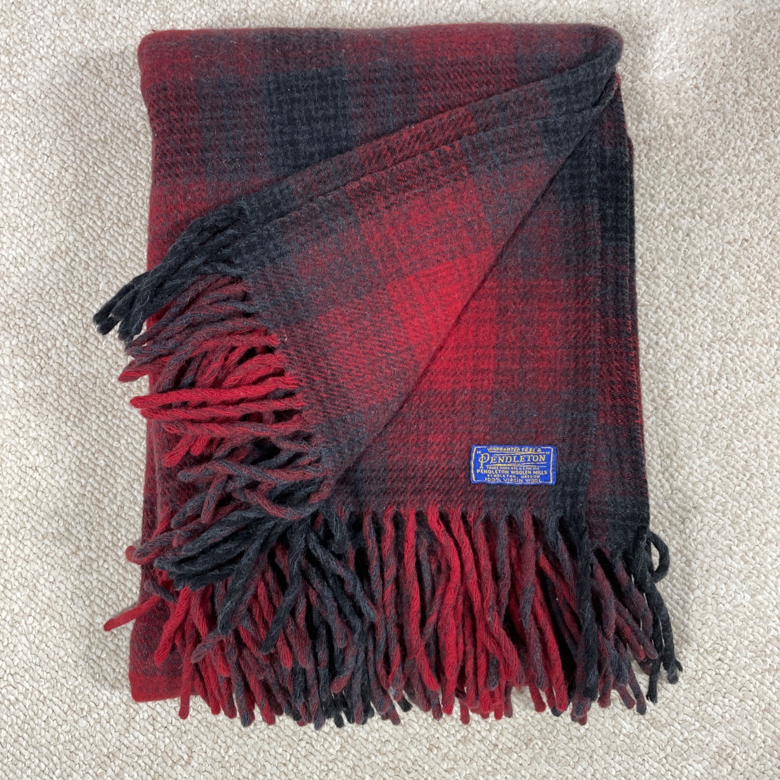 Vtg Pendleton Plaid Camp Stadium Blanket Red Black 70x50 100% Wool Fringe