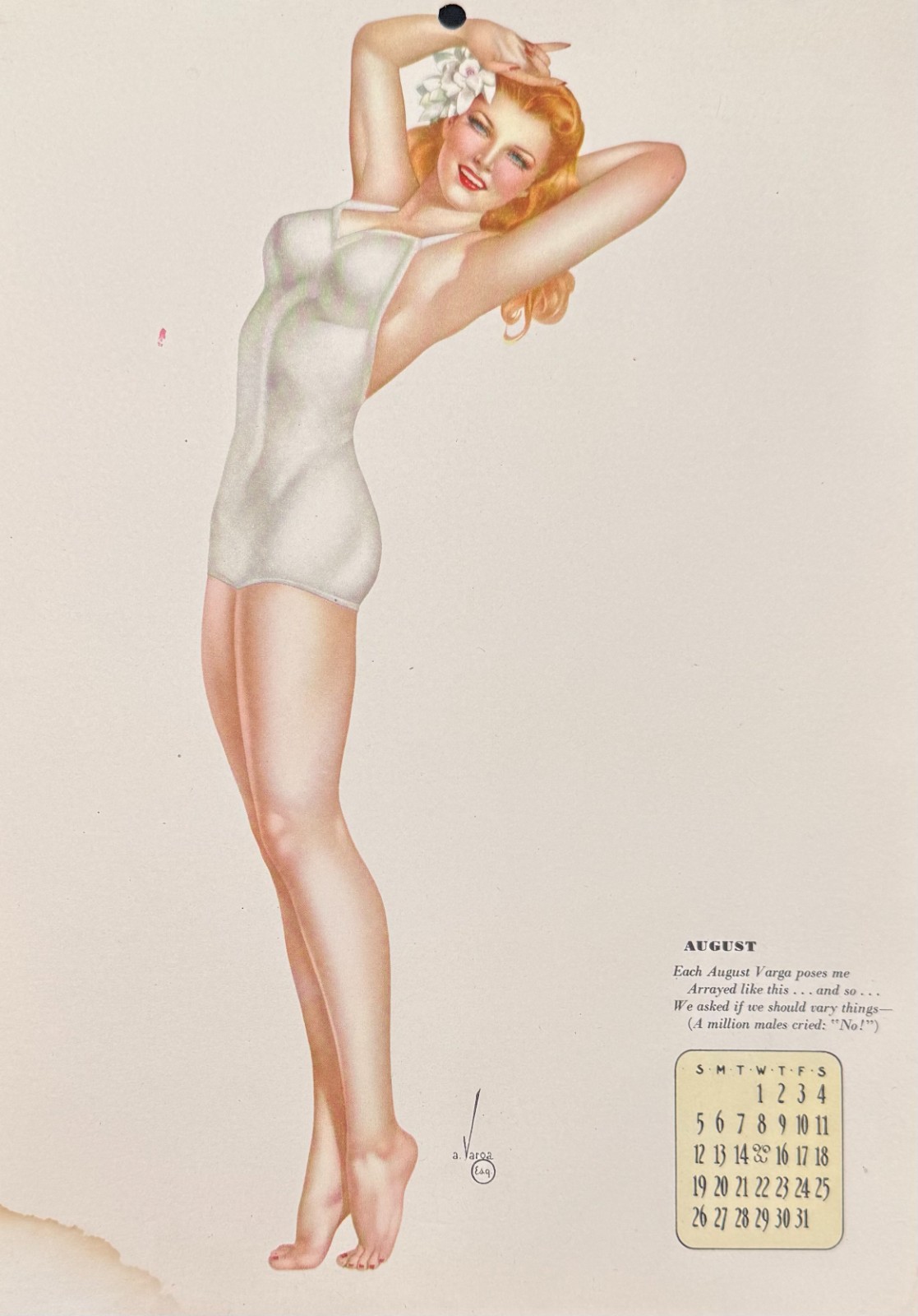 Vintage 1944 Alberto Vargas Varga Girl August Esquire Pin Up Calendar Page